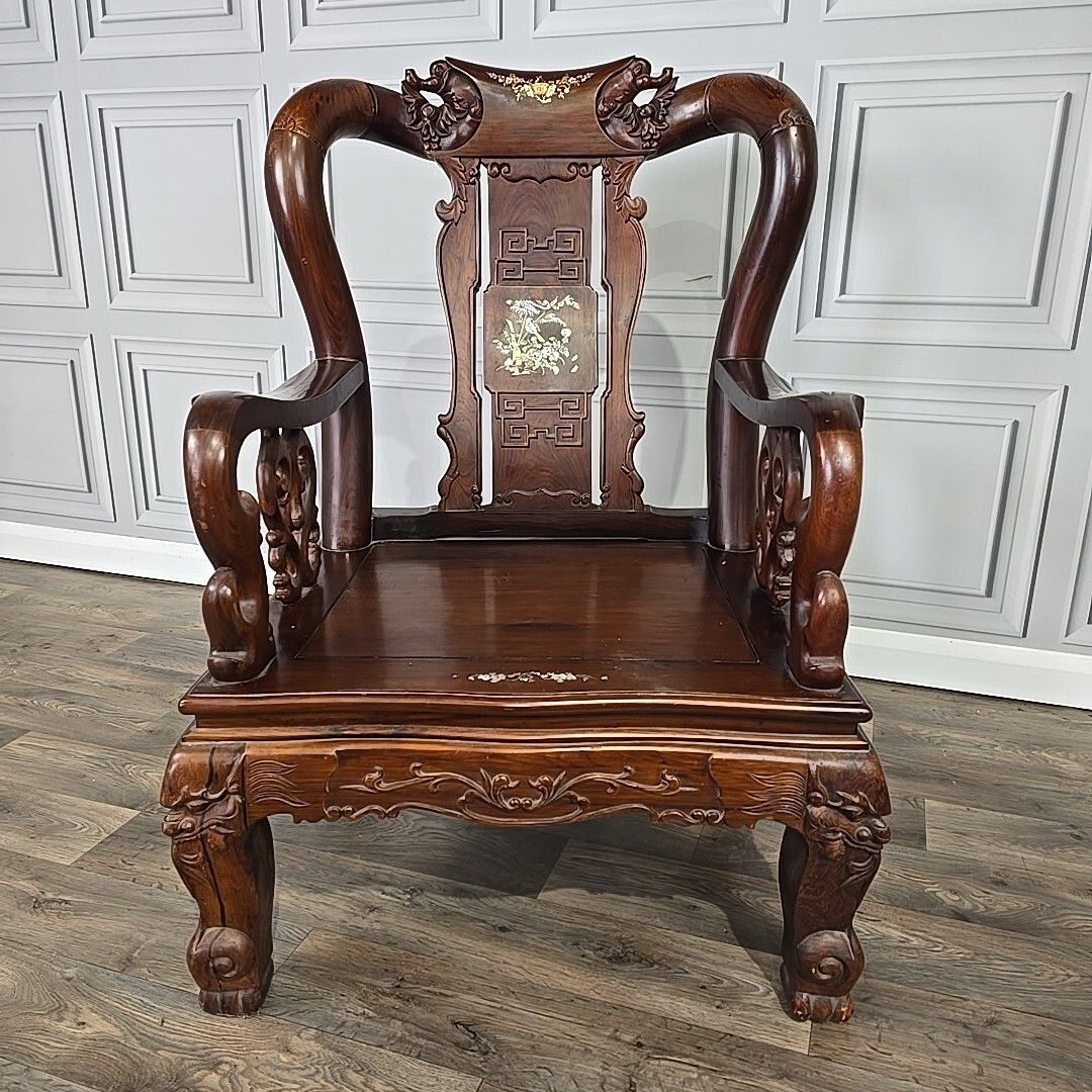 Antique Chinese Arm Chair Oriental Carved Heavy Rosewood Throne Mother Of Pearl photo for sale