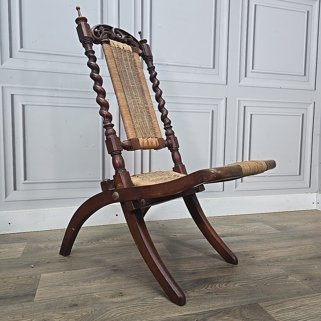 Antique Vintage Folding Chair Officers Campaign "Safari" Wooden Woven Seat photo for sale