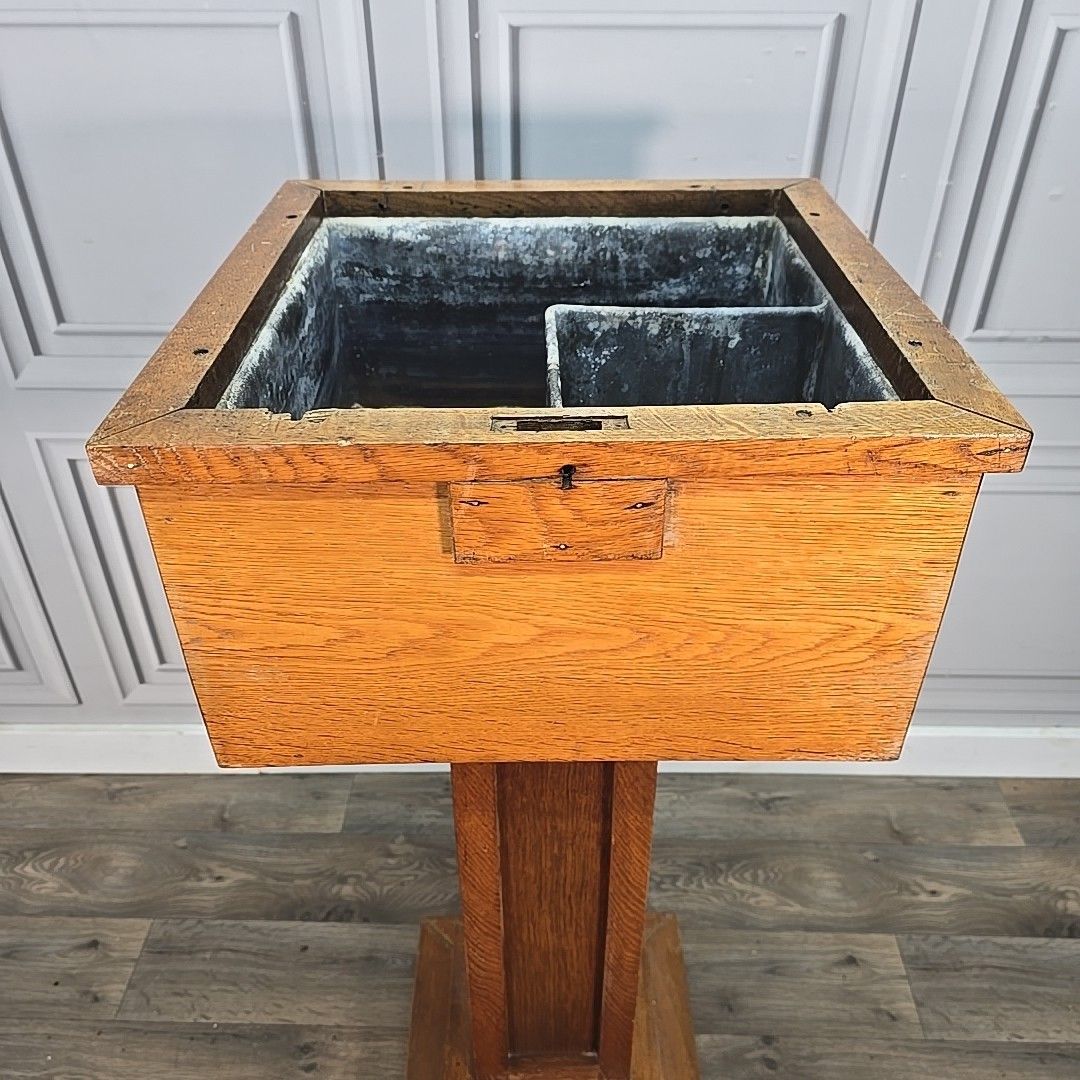 photo buy Antique Oak Church Font Offertory Box Lead Lined Planter Bust Flower Stand Table