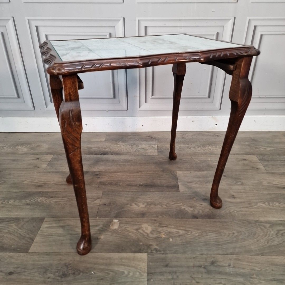Vintage Side Coffee Table Glass Top Occasional Table Retro Wooden Carved photo furniture