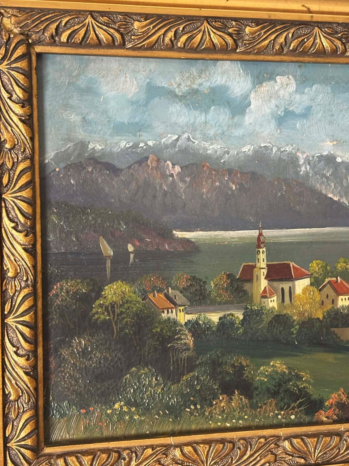 Antique European Landscape Painting In Ornate Gold Frame, Mountain Lake Village Scene, Signed Wall Art photo for sale