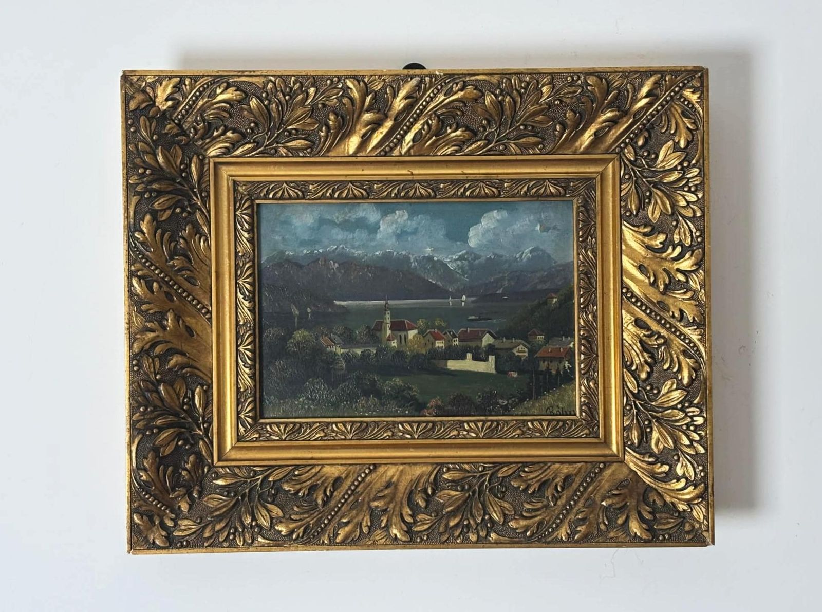 Antique European Landscape Painting In Ornate Gold Frame, Mountain Lake Village Scene, Signed Wall Art photo 343.0