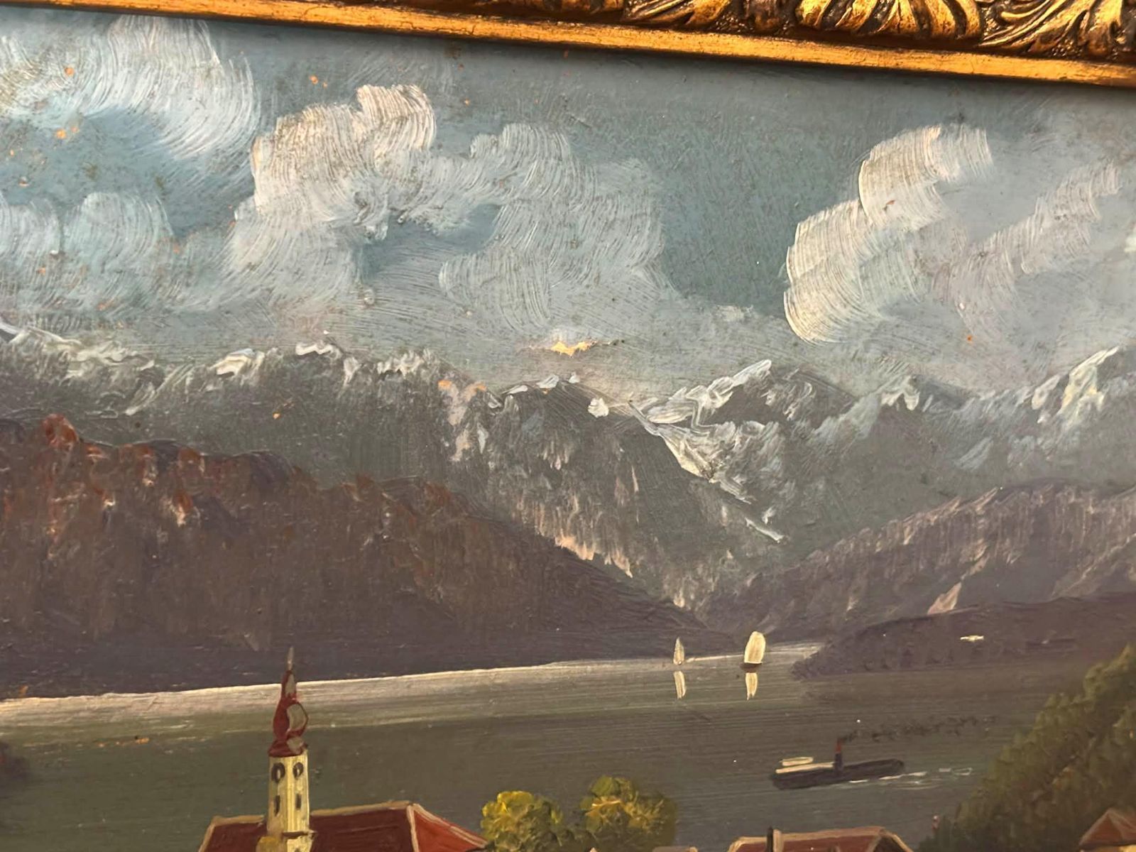 Antique European Landscape Painting In Ornate Gold Frame, Mountain Lake Village Scene, Signed Wall Art photo vinterior