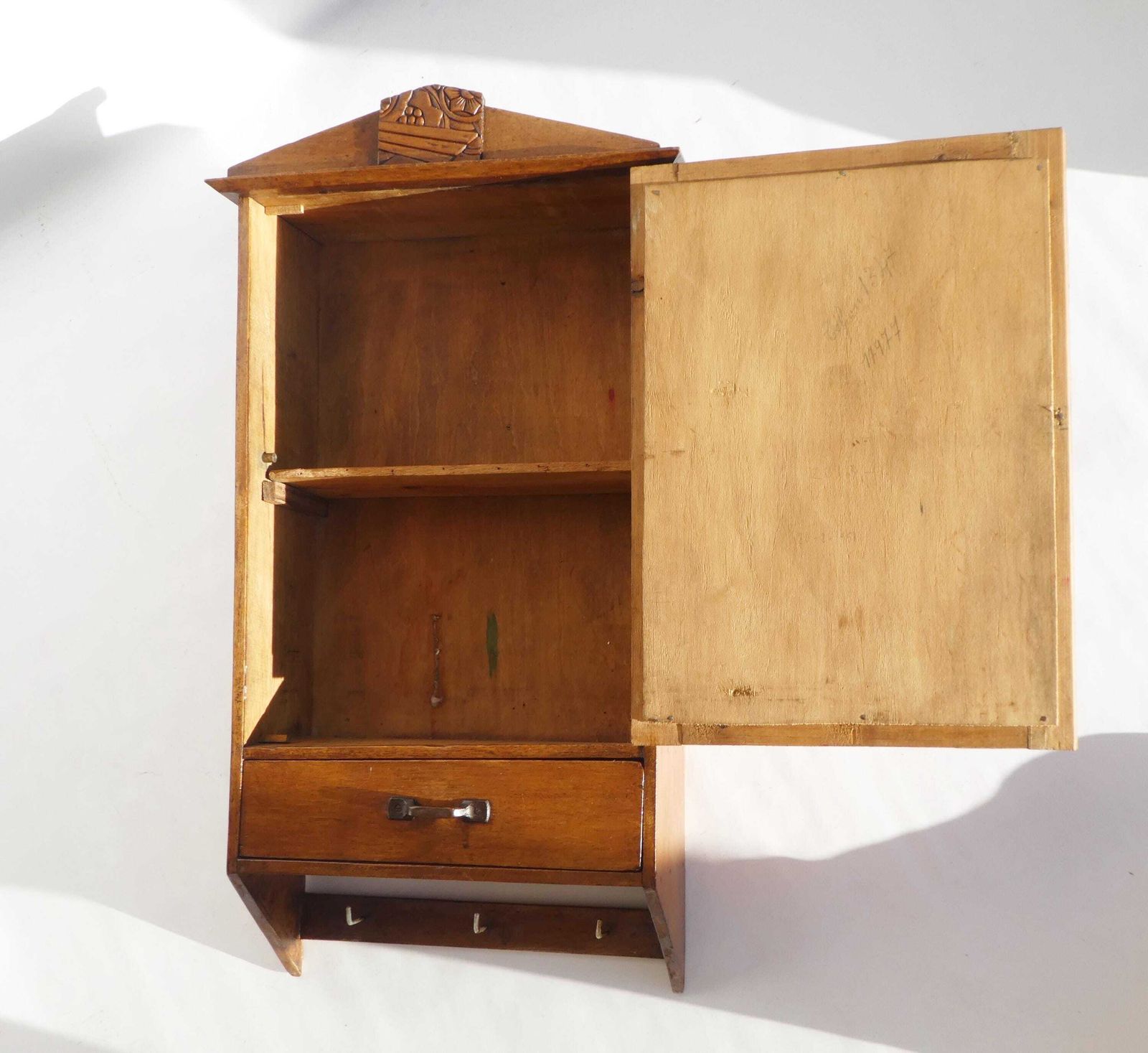 photo furniture Antique Art Deco Wooden Wall Cabinet With Mirror, Apothecary Storage With Floral Details, Farmhouse Decor