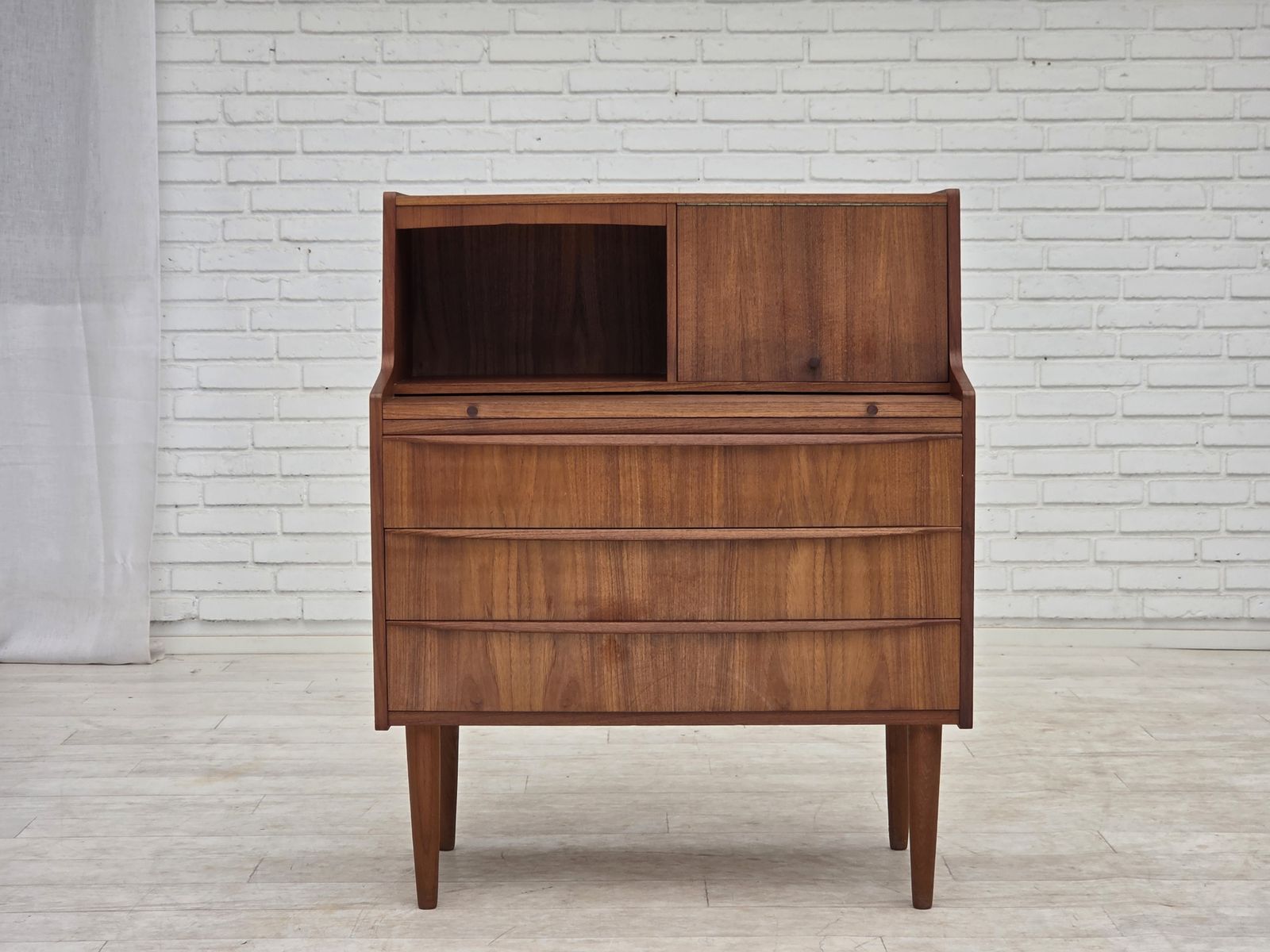 photo furniture 1970s, Danish Chest Of Drawers With A Folding Mirror, Teak Wood.