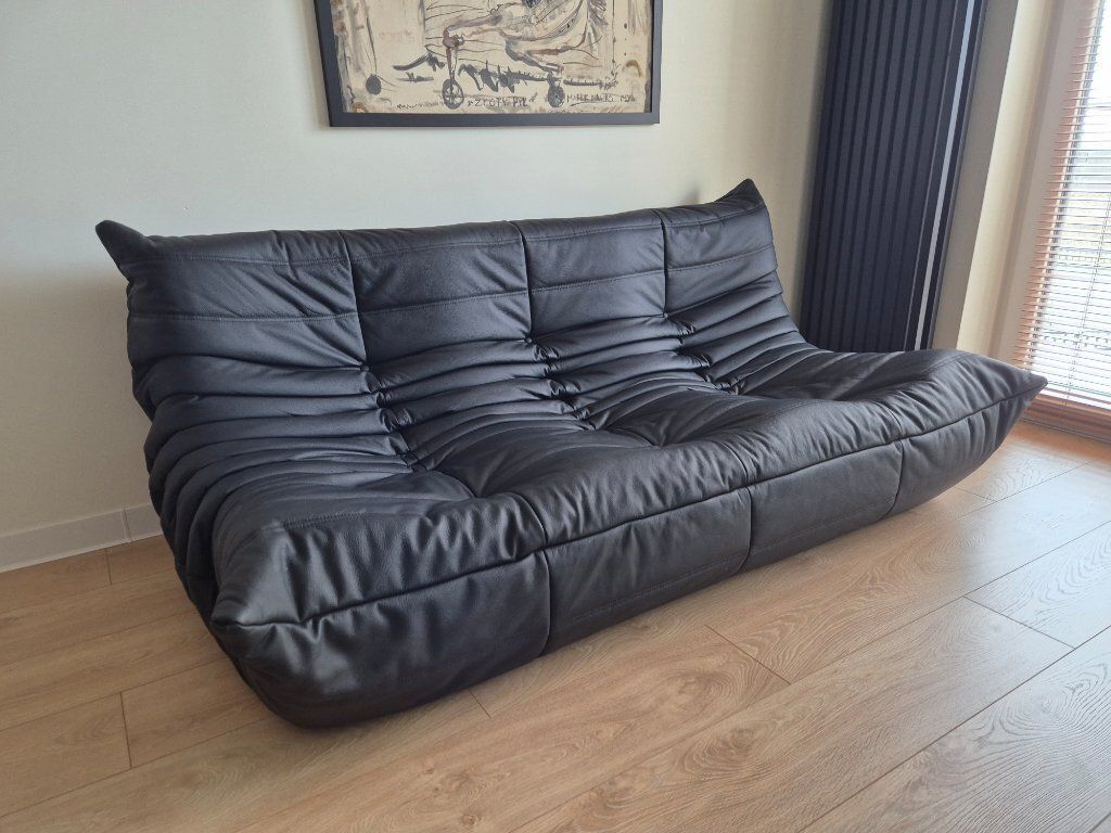 Michel Ducaroy For Ligne Roset Black Leather Togo Sofa And Pouf, Set Of 2 photo Furniture