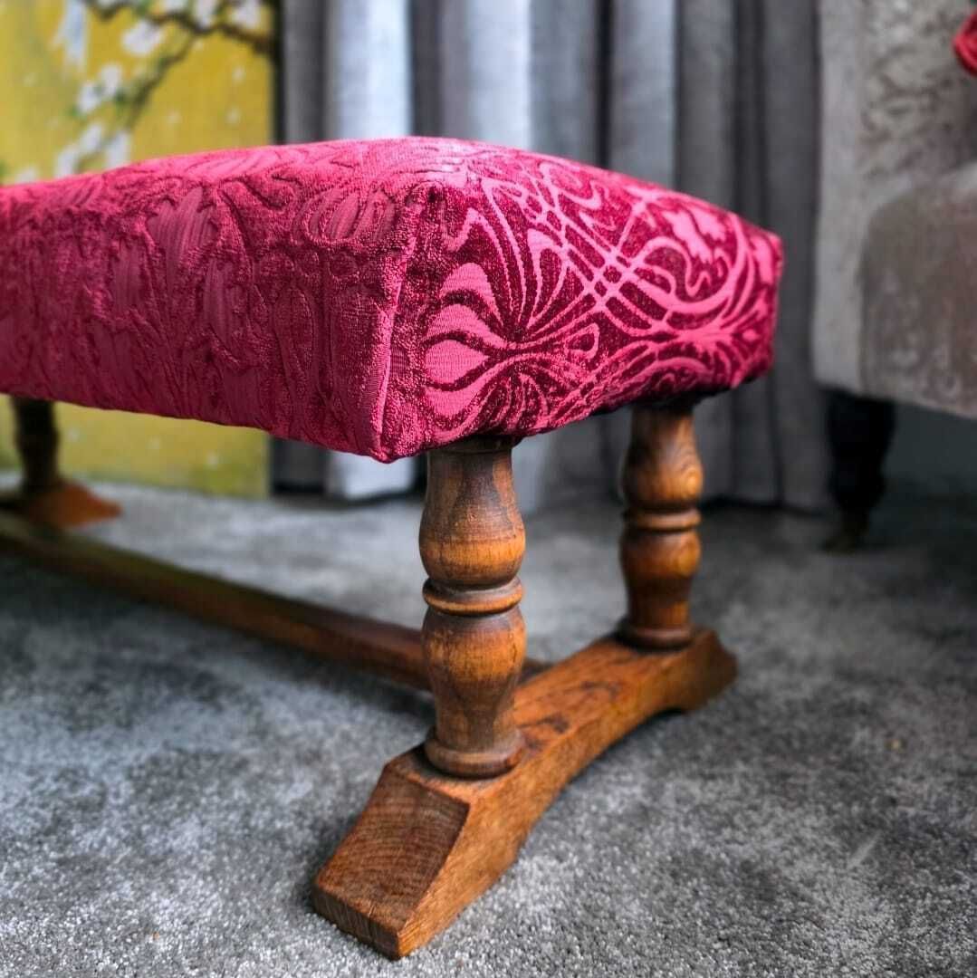 Antique Oak Hearth / Fender / Foot Stool. Oak Wood Frame, Legs And Stretcher. Reupholstered In An Art Nuveaux Chenille. photo furniture