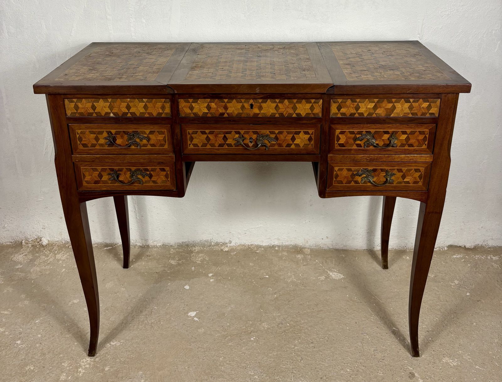 Early 20th Century Spanish Marquetry Vanity Desk With Drop Leaves photo furniture