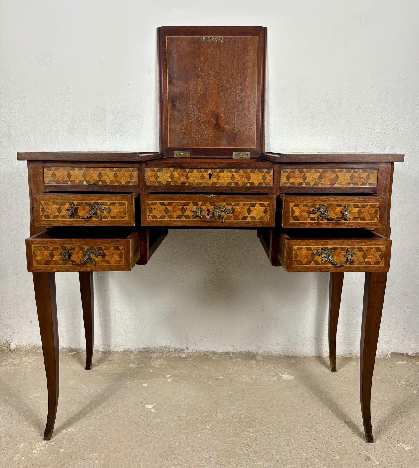 Early 20th Century Spanish Marquetry Vanity Desk With Drop Leaves photo vintage