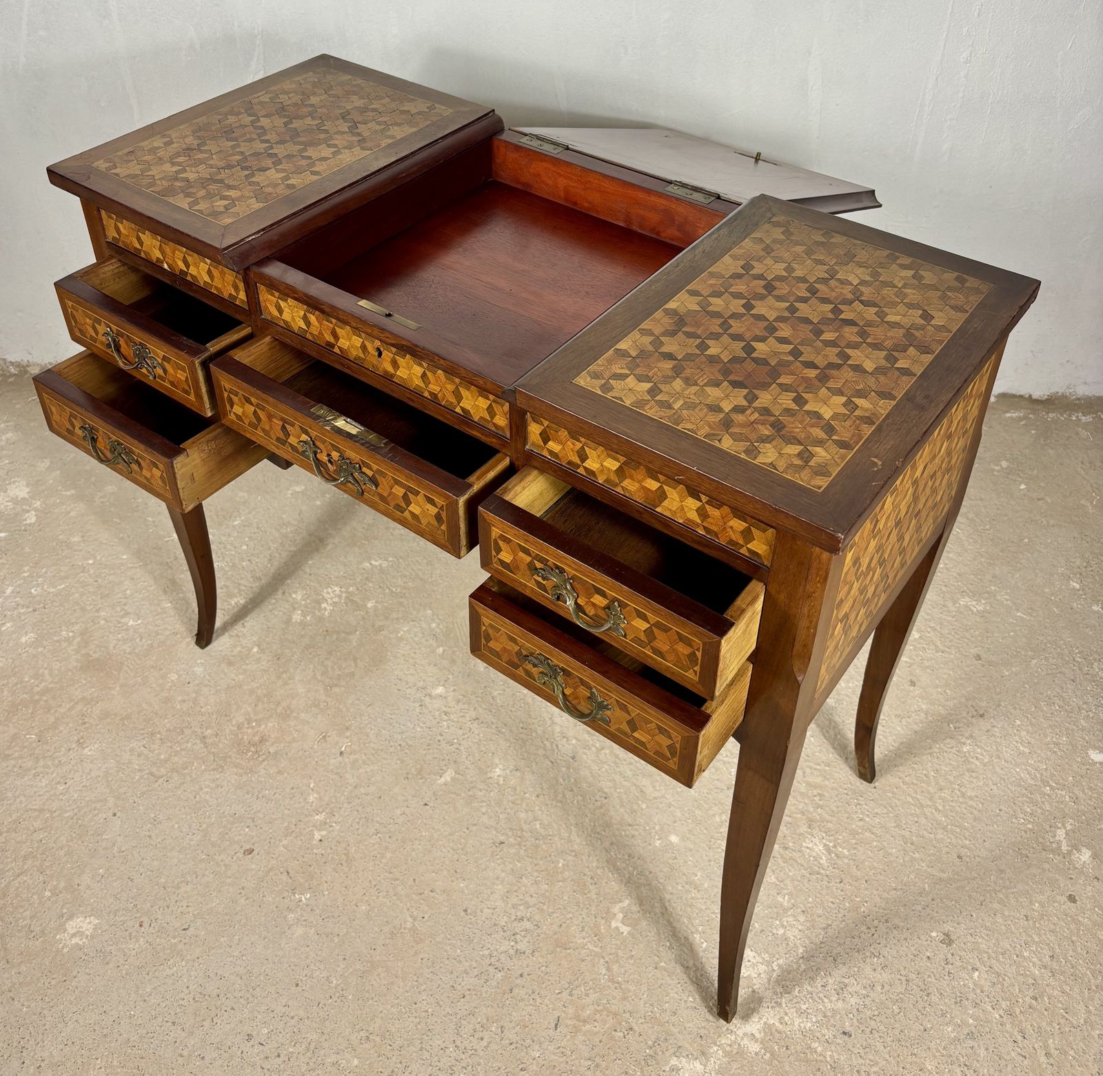Furniture Early 20th Century Spanish Marquetry Vanity Desk With Drop Leaves photo