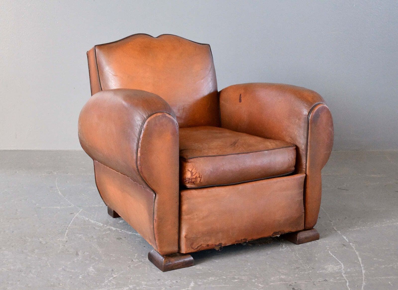French Moustache Backed Art Deco Leather Armchair Circa 1920s