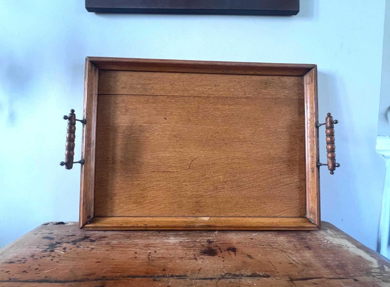 Antique Edwardian Oak Serving Tray | Large 19th Century Butler's Tea Tray With Turned Spindle Handles | Dark Wood Rustic Farmhouse Decor photo furniture