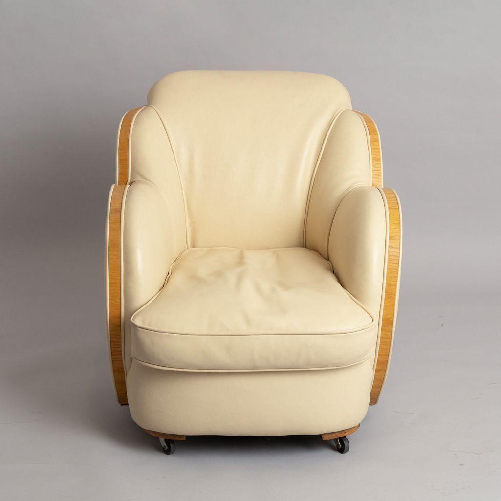 photo for sale Art Deco 'Cloud' Living Room Suite In Cream Leather By Harry & Lou Epstein, Comprising Of Sofa & Two Armchairs