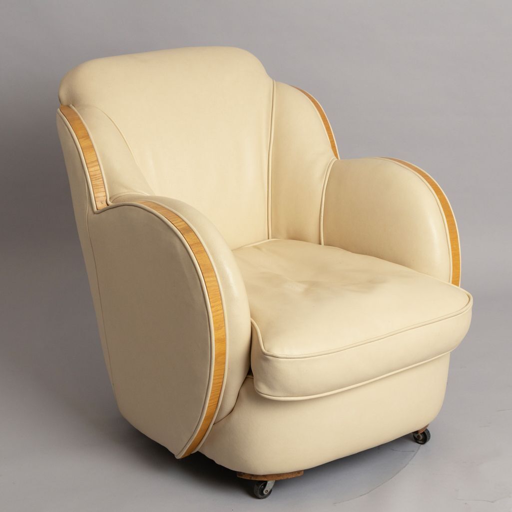 Furniture Art Deco 'Cloud' Living Room Suite In Cream Leather By Harry & Lou Epstein, Comprising Of Sofa & Two Armchairs photo