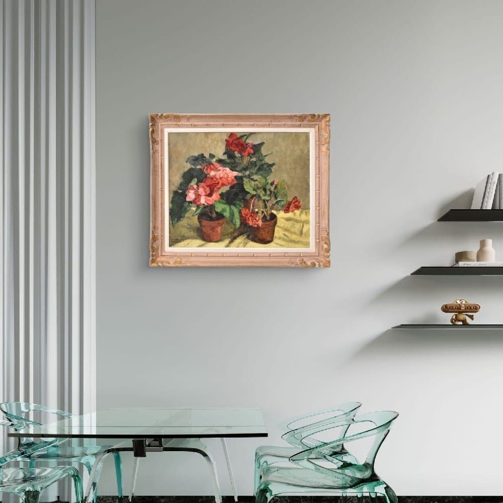 Still Life Flowers Painting, Spring Floral, Geraniums Or Begonias, Oil On Canvas, XX. photo furniture