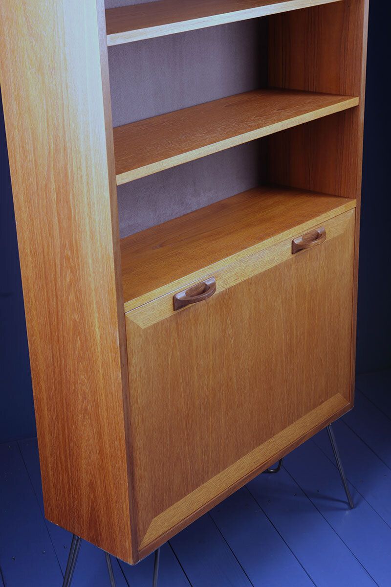 Vintage G Plan Sierra 1960s Teak Grey Display Drinks Cabinet Bookcase On Hairpin Legs Or Teak Angled Tapered Wooden Feet photo vinterior