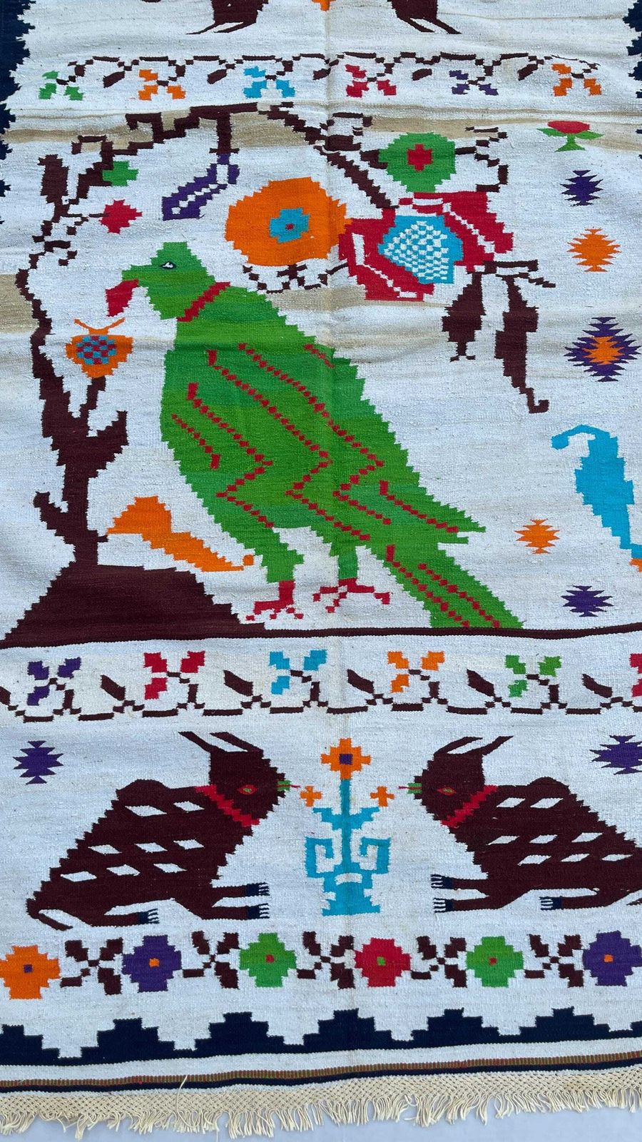 Vintage Handwoven Dhurrie Rug, Indian Folk Art Peacock Rabbit Design photo furniture