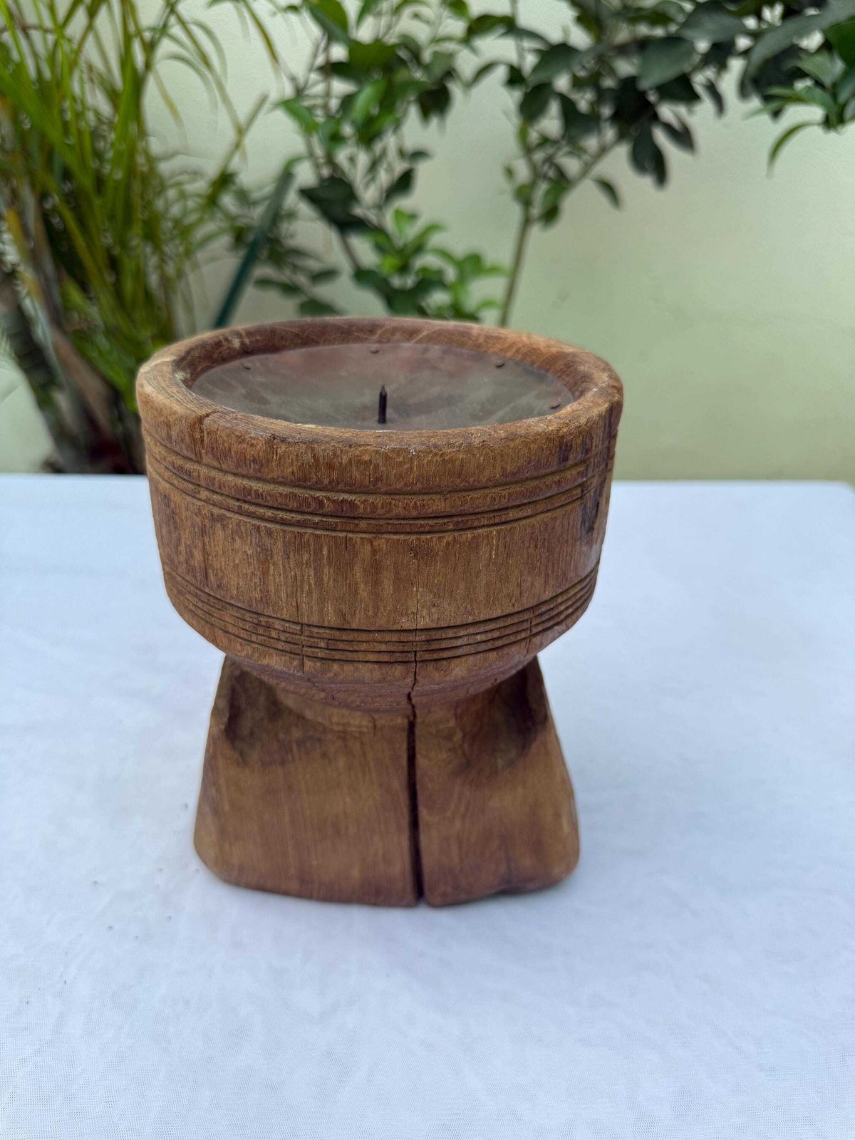 Antique Indian Seed Sower Candle Holder | Hand Carved Teak Wabi Sabi Pedestal photo vintage