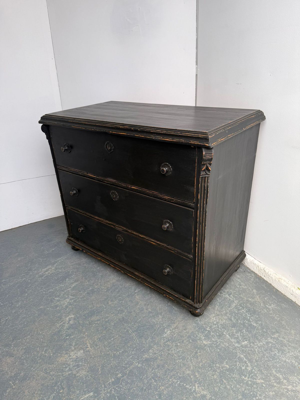 A Rare Original Hungarian Georgian Pine Black 3 Drawer Chest Of Drawers