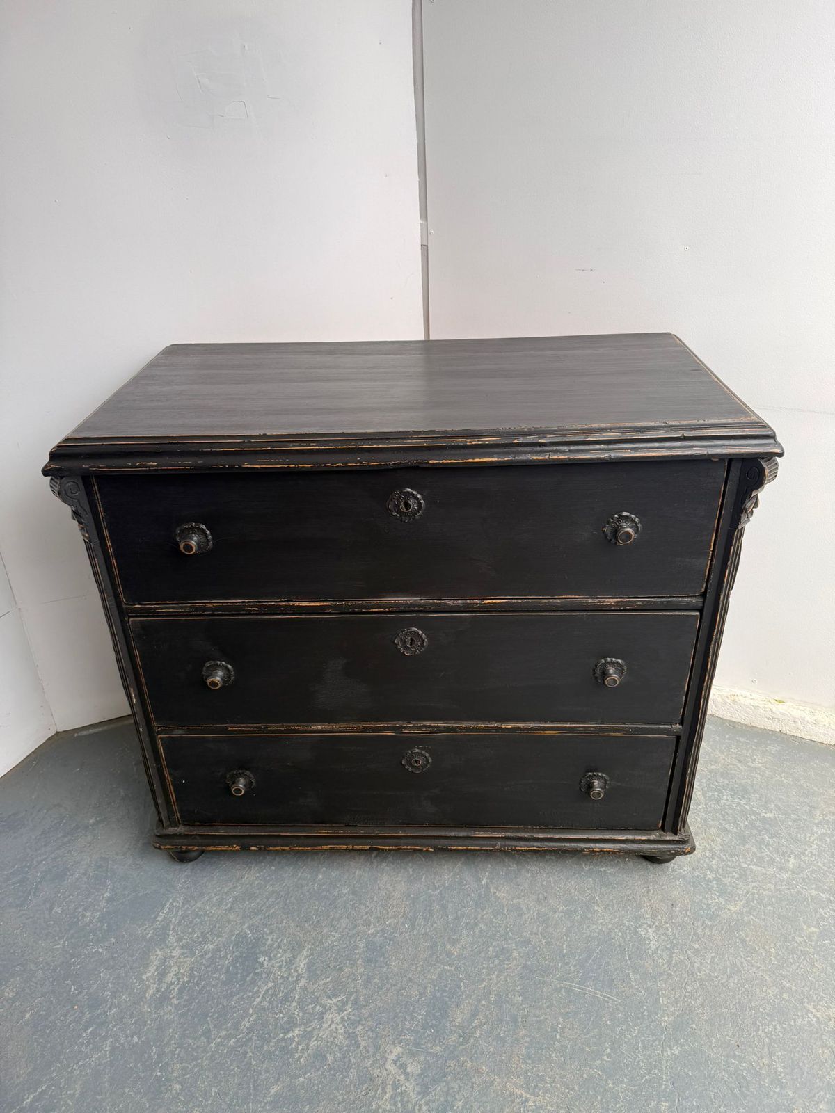 A Rare Original Hungarian Georgian Pine Black 3 Drawer Chest Of Drawers photo furniture