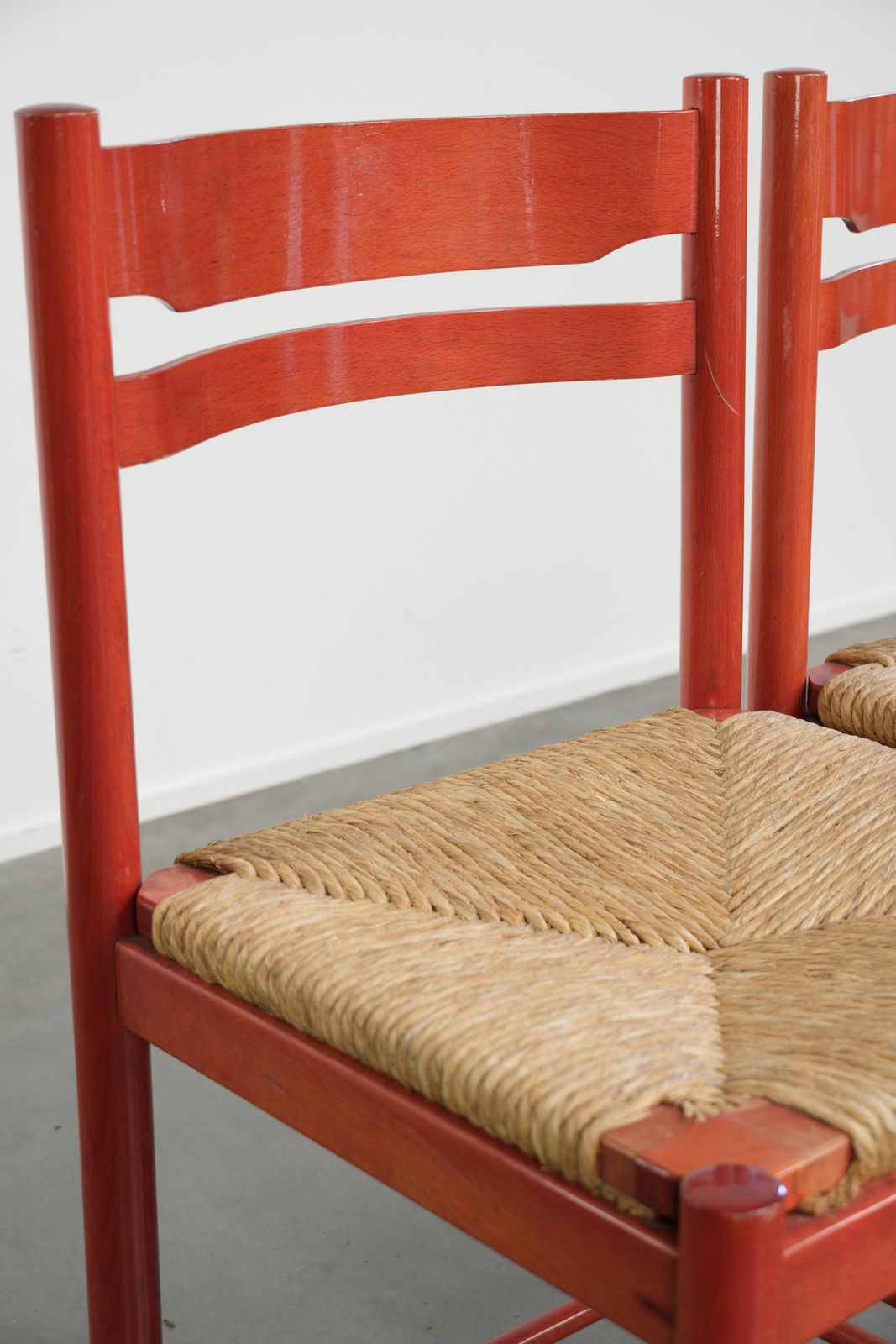Set Of Two Nice Red Vintage Wooden Chairs From The 70s With A Woven Cane Seat photo vintage