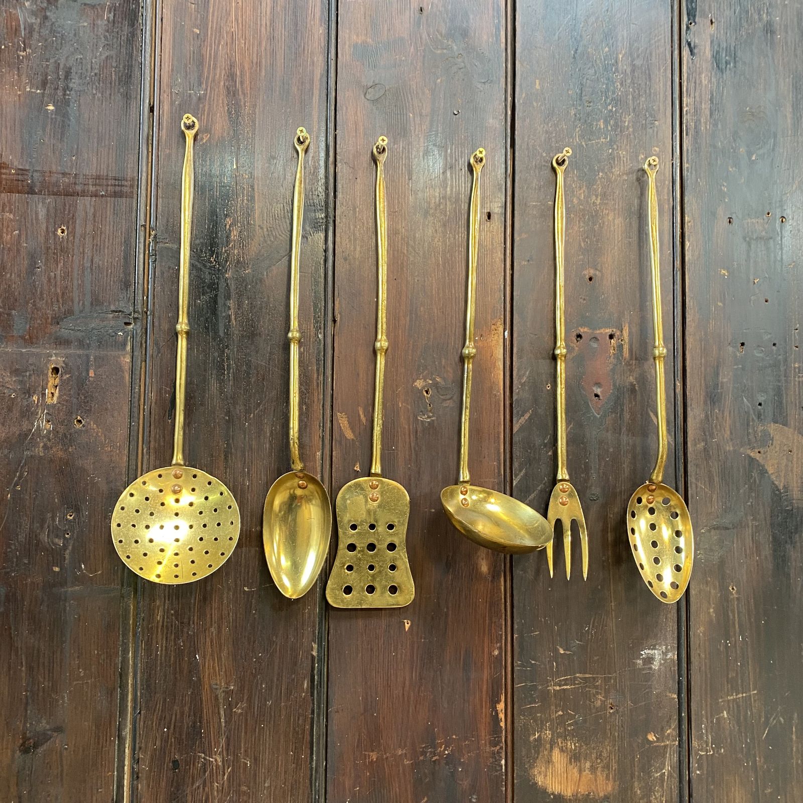 Vintage Kitchenalia Brass Faux Bamboo Kitchen Utensils Serving Spoons Set Of 6 photo 85.0