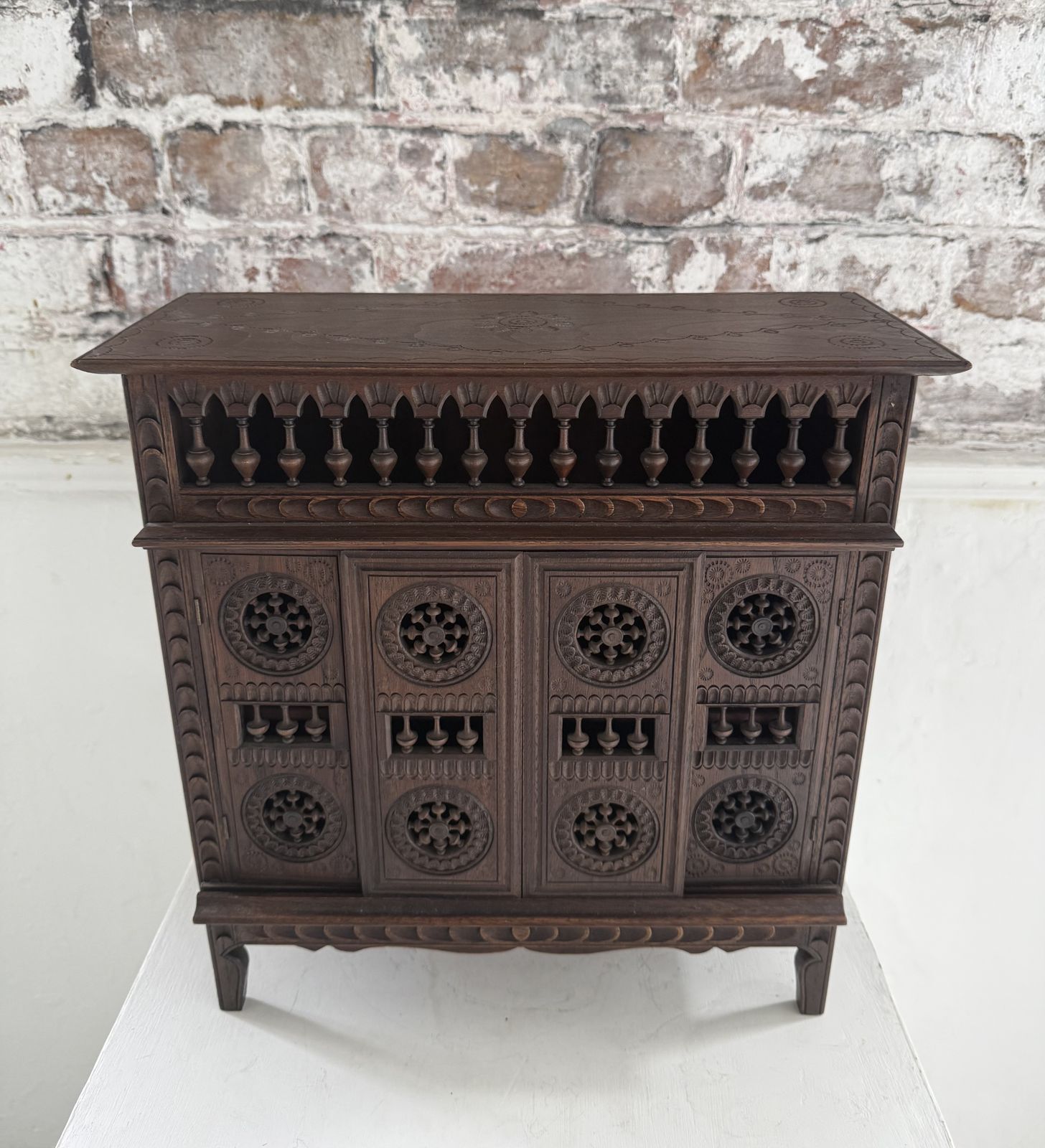 Breton Miniature Apprentice Piece Wheel Cabinet, Carved Chestnut, Late 19th/Early 20th Century photo for sale