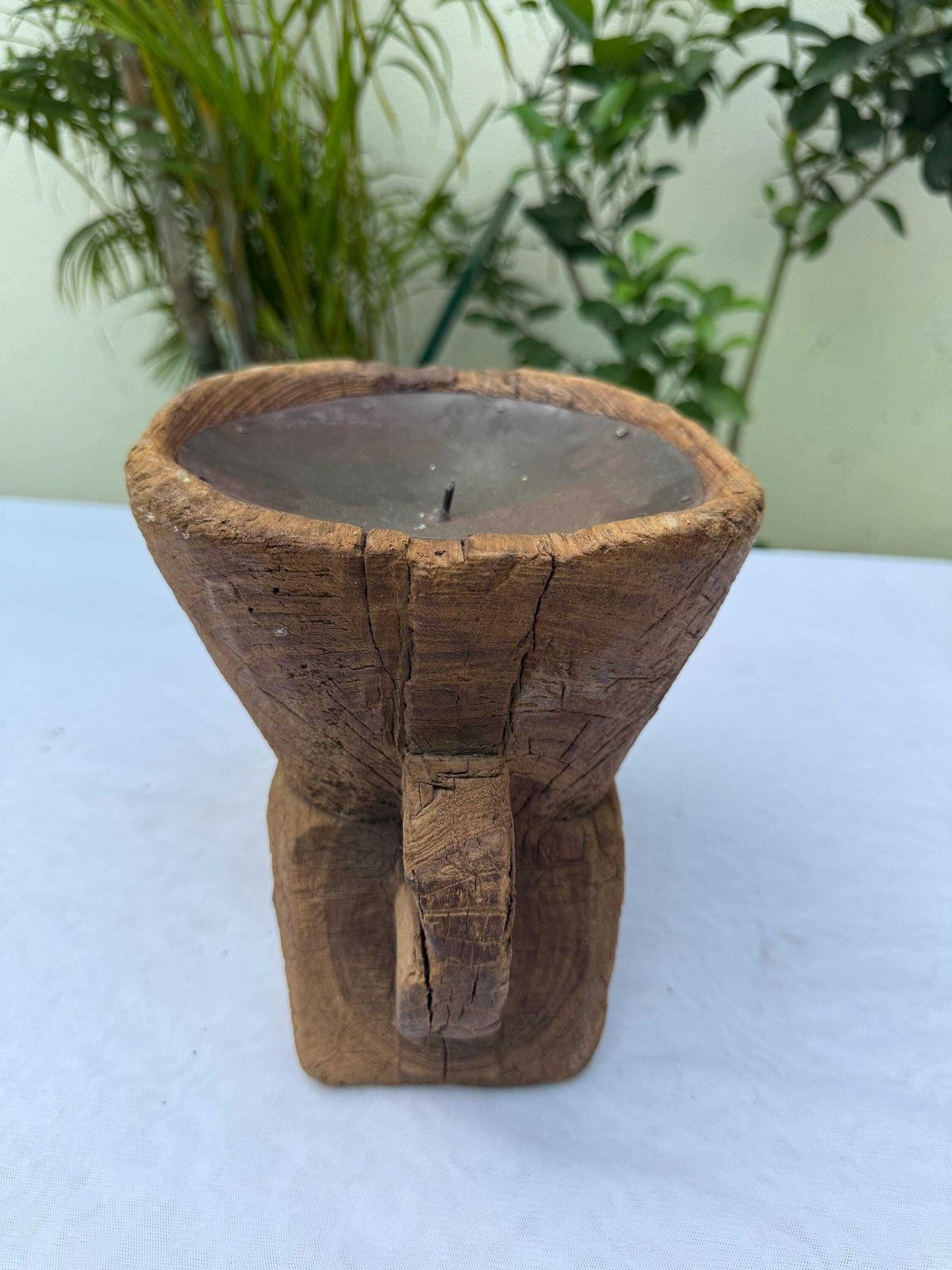 Antique Indian Seed Sower Candle Holder | Hand Carved Teak Wabi Sabi Stand photo vinterior