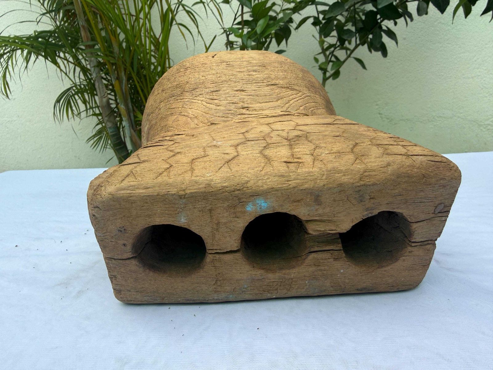 Antique Indian Seed Sower Candle Holder | Hand Carved Teak Wabi Sabi Stand photo vintage