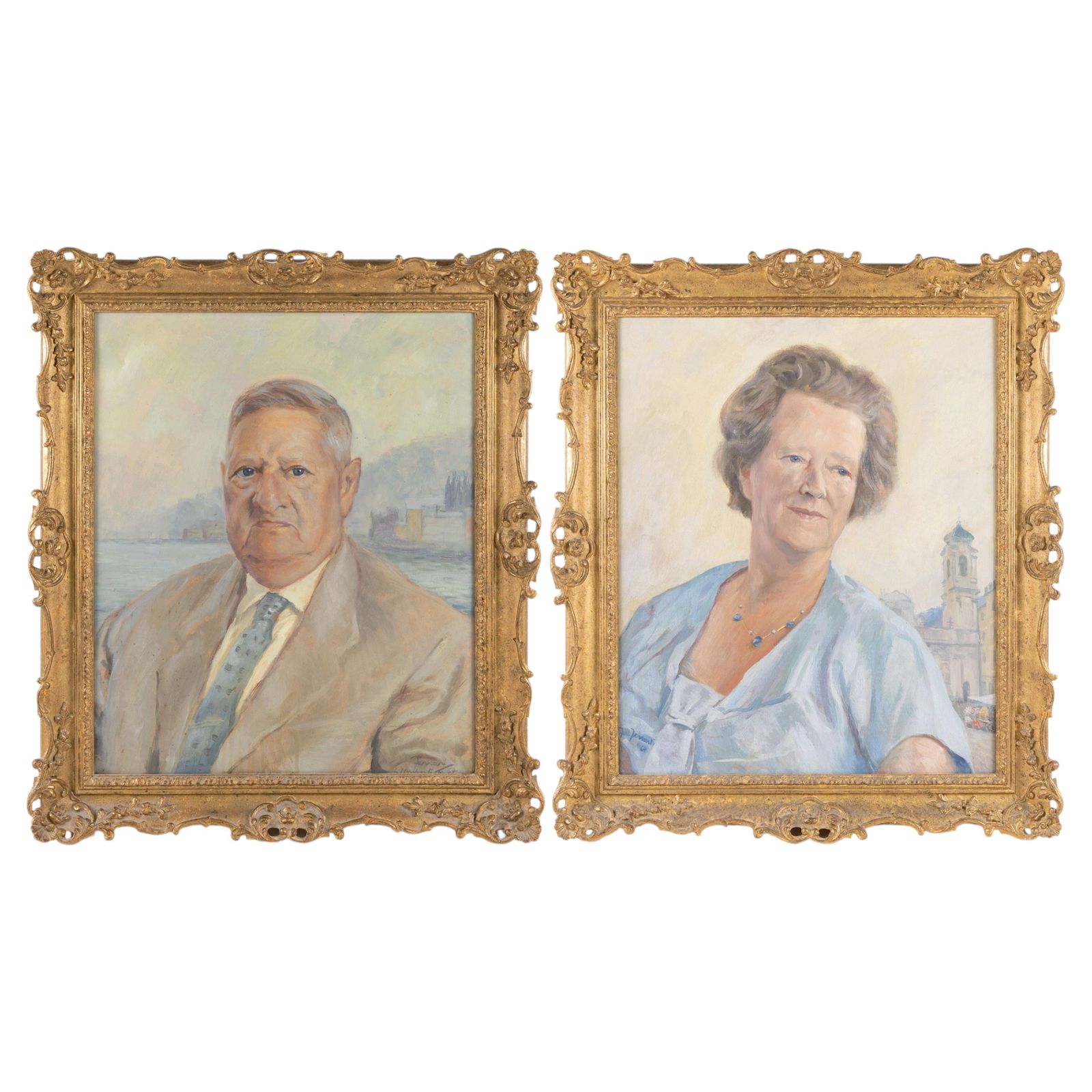Pair Of Mid 20th C. Italian Portraits In Swept Gilt Frames
