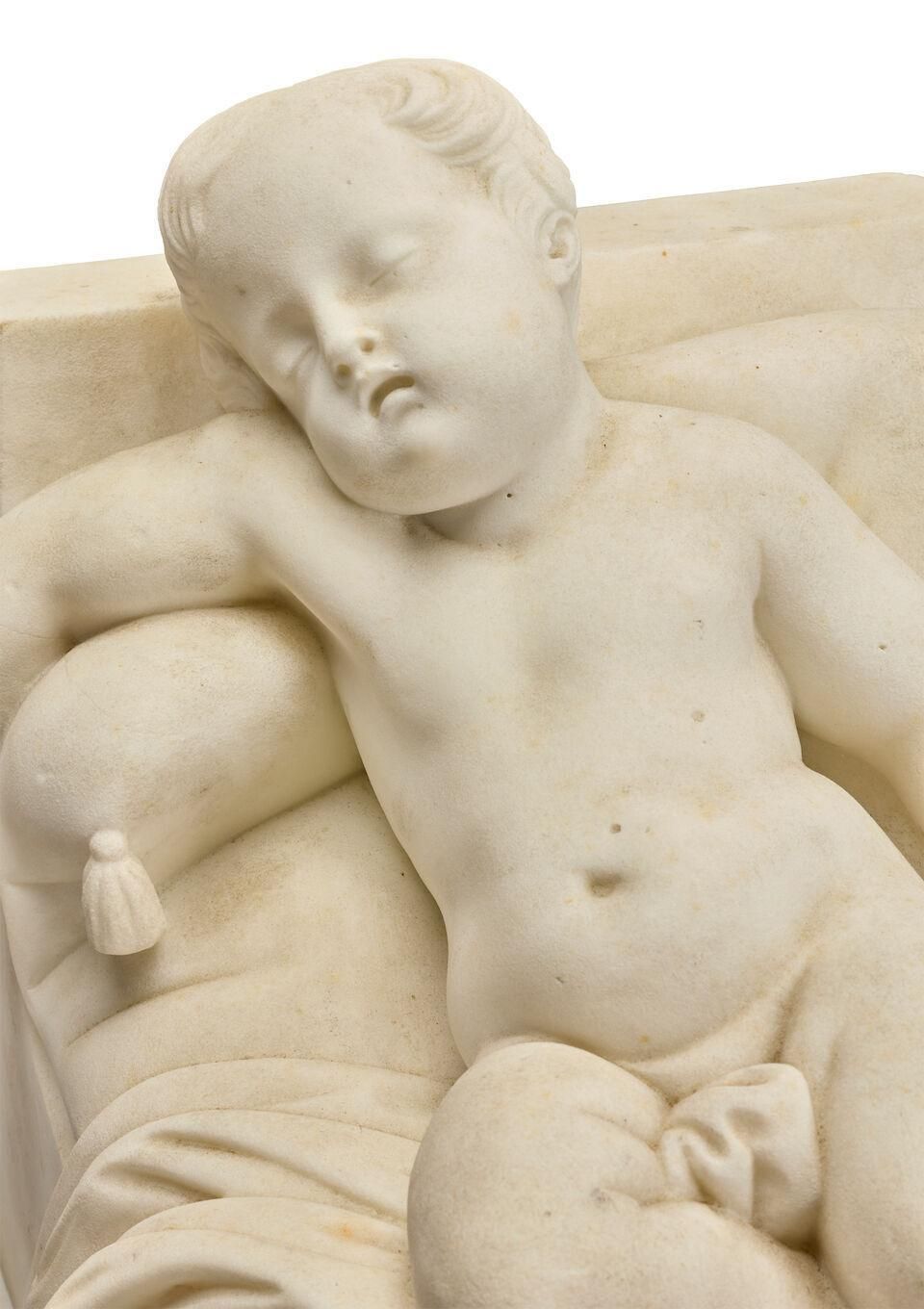 19th Century Italian Carrara Marble Sculpture Of Sleeping Putto photo vintage