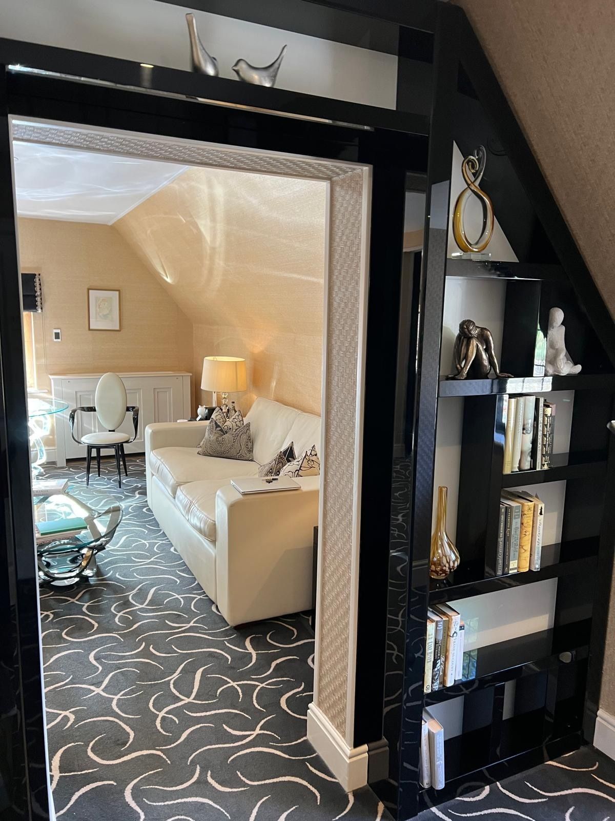 Bespoke Designer Black Shiny Lacquered Bookcase Over Doorway Designed By R.B Manufactured In Italy By Reflex photo Furniture