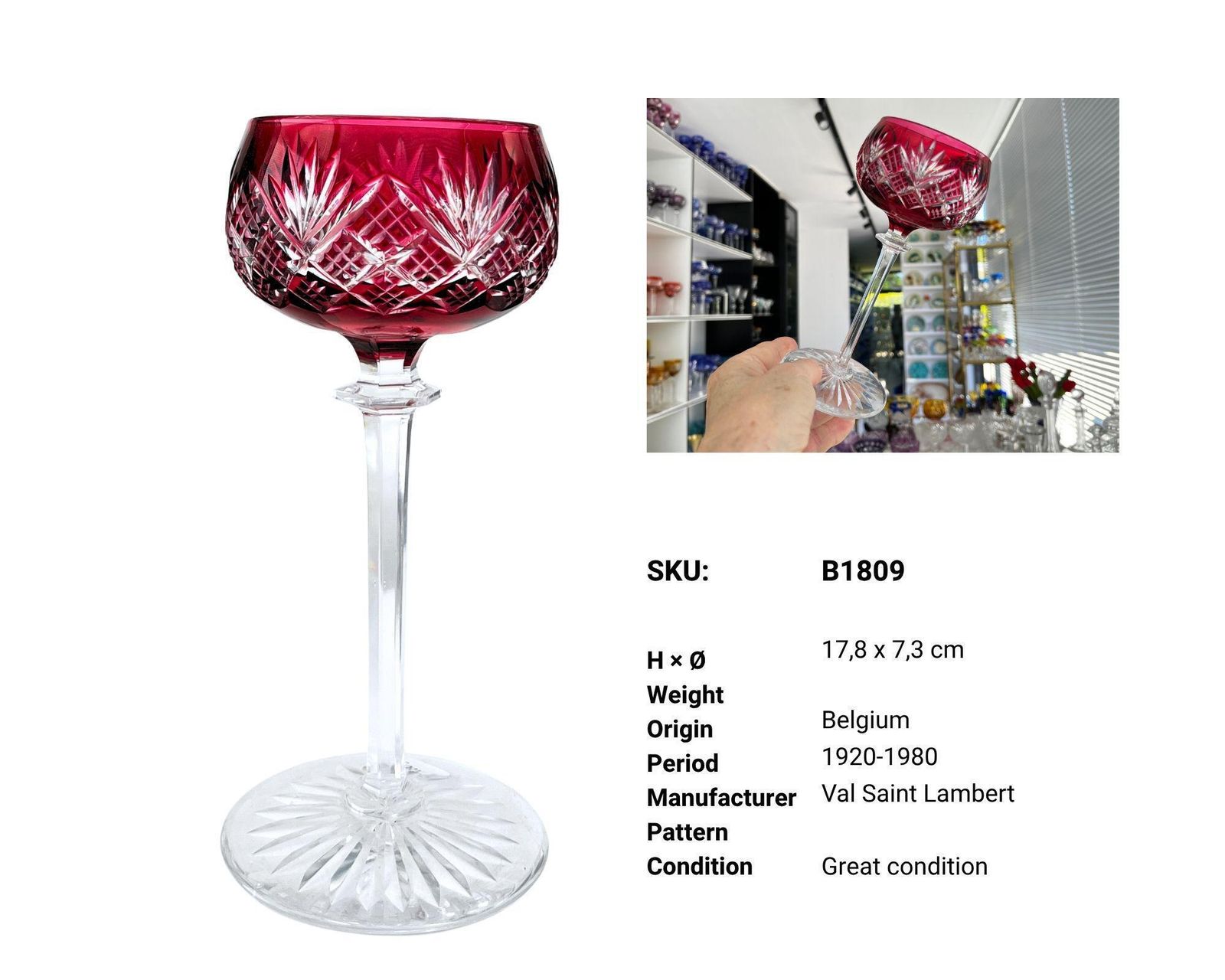 Val Saint Lambert | Wine Glasses | 2pcs | Hand Blown Glass photo for sale
