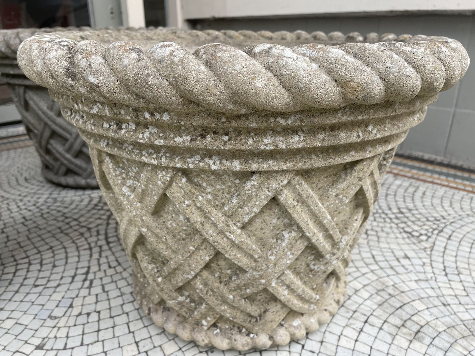 Vintage Group Of 4 Quality Haddonstone Weathered Basket Weave And Rope Edge  Planters photo furniture