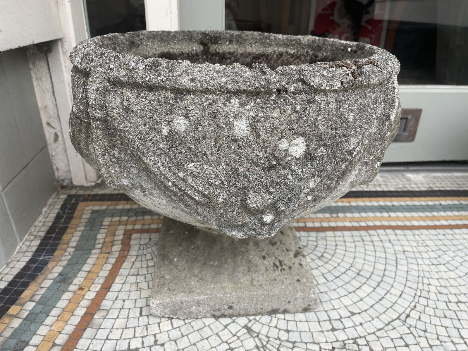 Antique Pair Of Weathered Garden Footed Swag Urns photo for sale