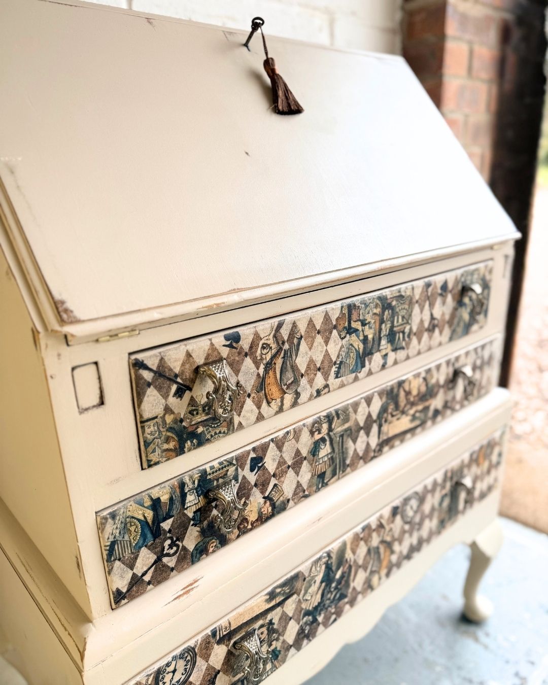 Alice In Wonderland Vintage Bureau | Hand Painted Writing Desk | Distressed Cream Secretary | Decoupage photo buy