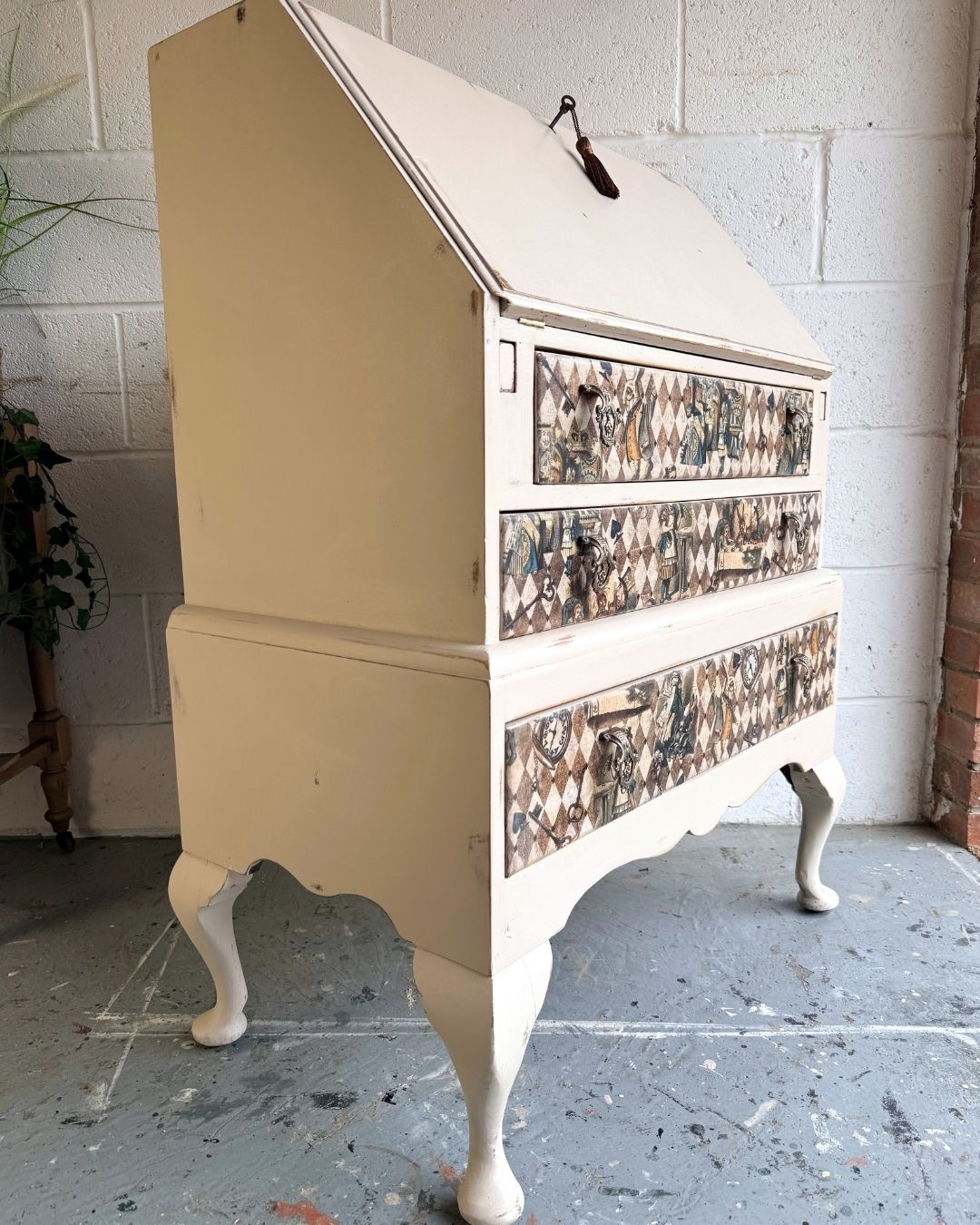 photo for sale Alice In Wonderland Vintage Bureau | Hand Painted Writing Desk | Distressed Cream Secretary | Decoupage