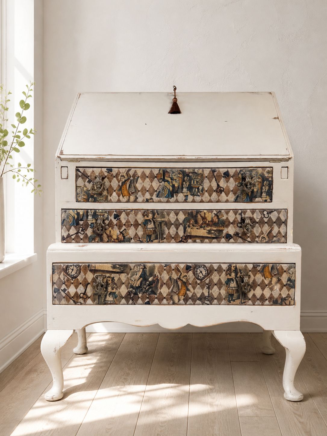 Alice In Wonderland Vintage Bureau | Hand Painted Writing Desk | Distressed Cream Secretary | Decoupage