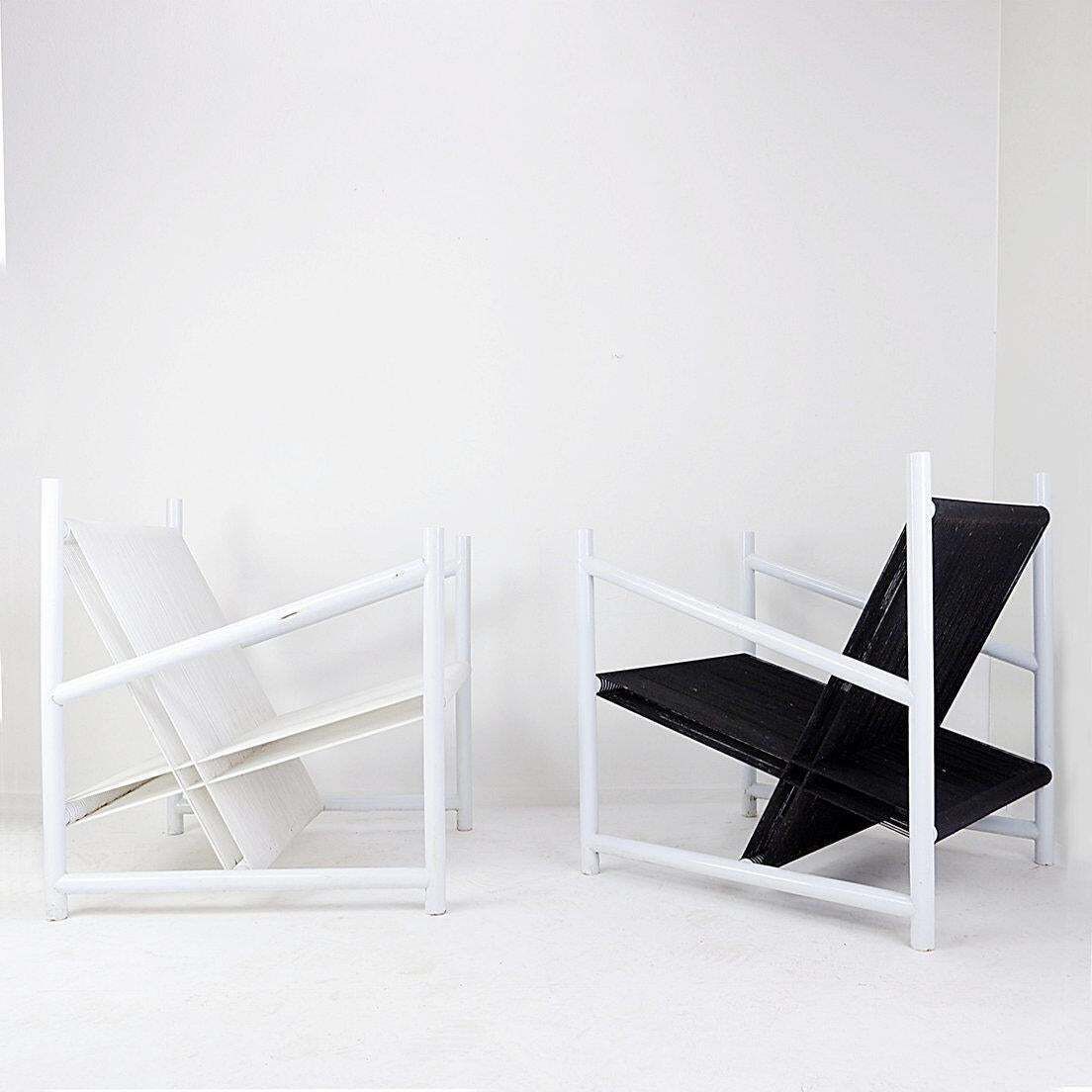 Indoor/Outdoor Pair Of Black/White Armchairs   20thc photo furniture