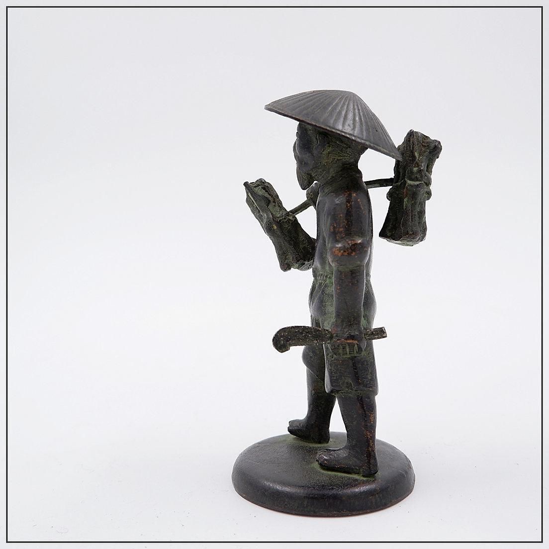 Asian Farmer Bronze Figurine, 19th Century Folk Art Sculpture, Vietnam photo Art
