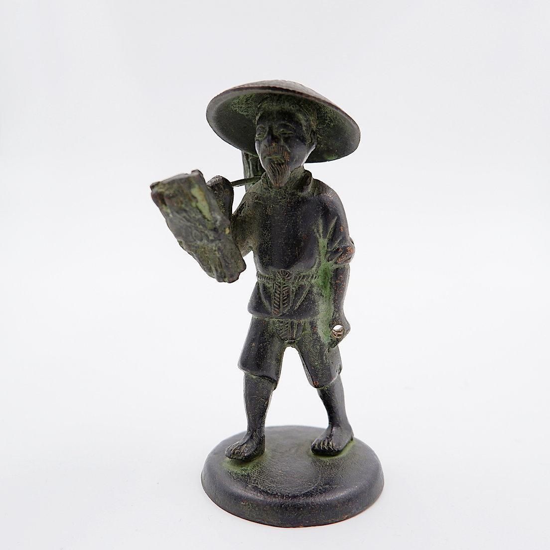 Asian Farmer Bronze Figurine, 19th Century Folk Art Sculpture, Vietnam photo buy