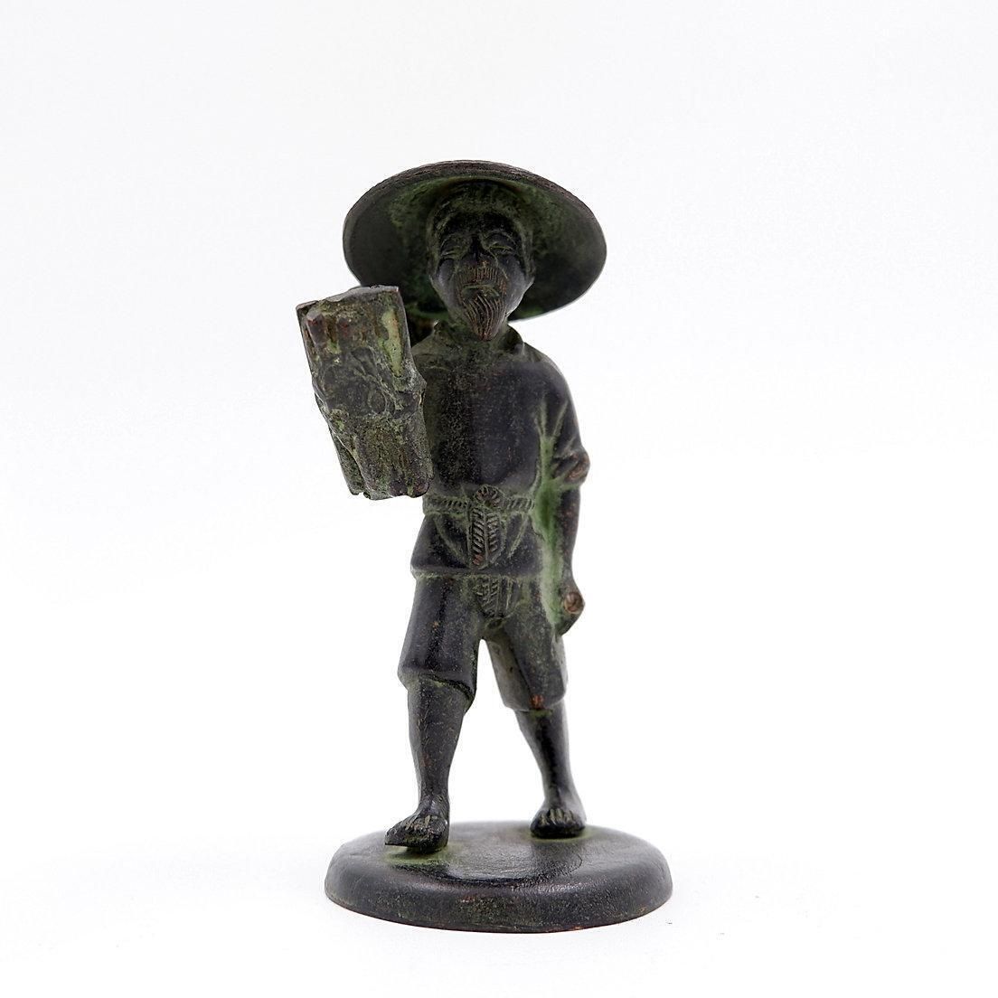 Art Asian Farmer Bronze Figurine, 19th Century Folk Art Sculpture, Vietnam photo