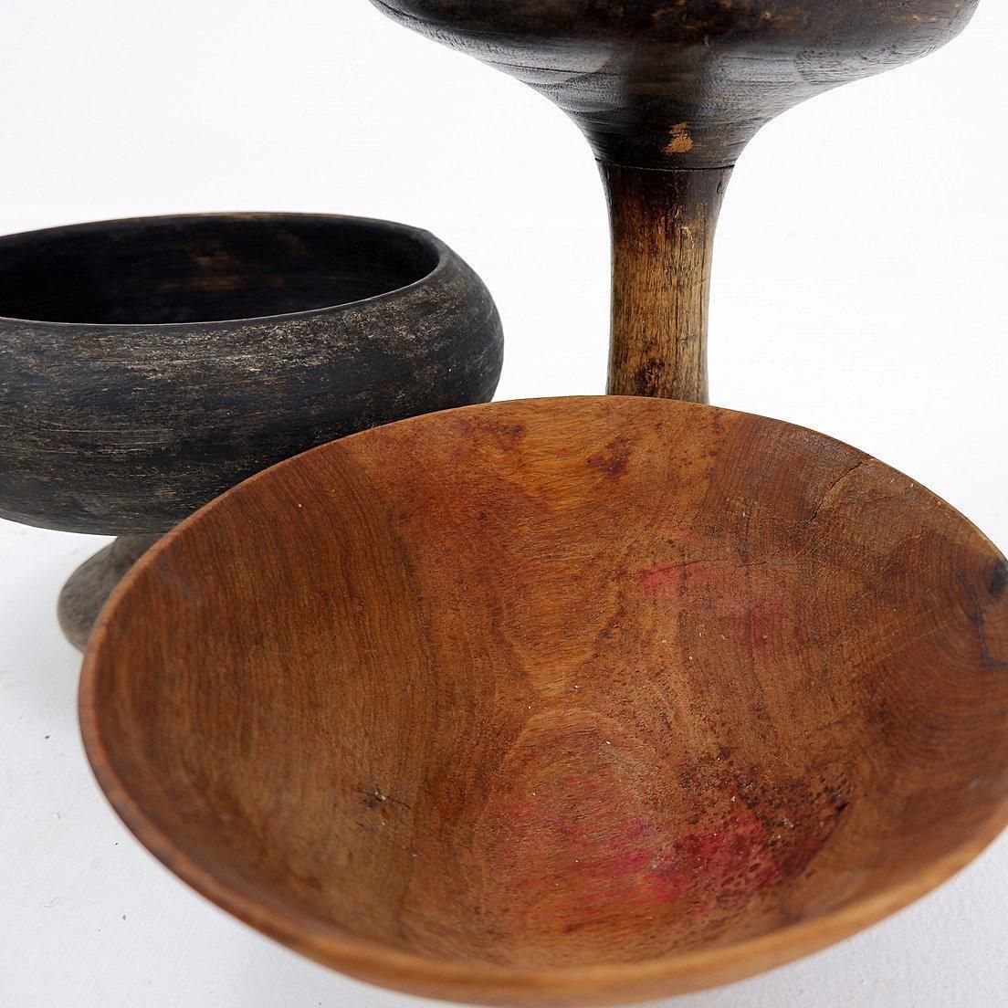 Set Of 3 Wabi Sabi Wooden Cups And Bowls, Folk Art, 20th Century photo Home Decor