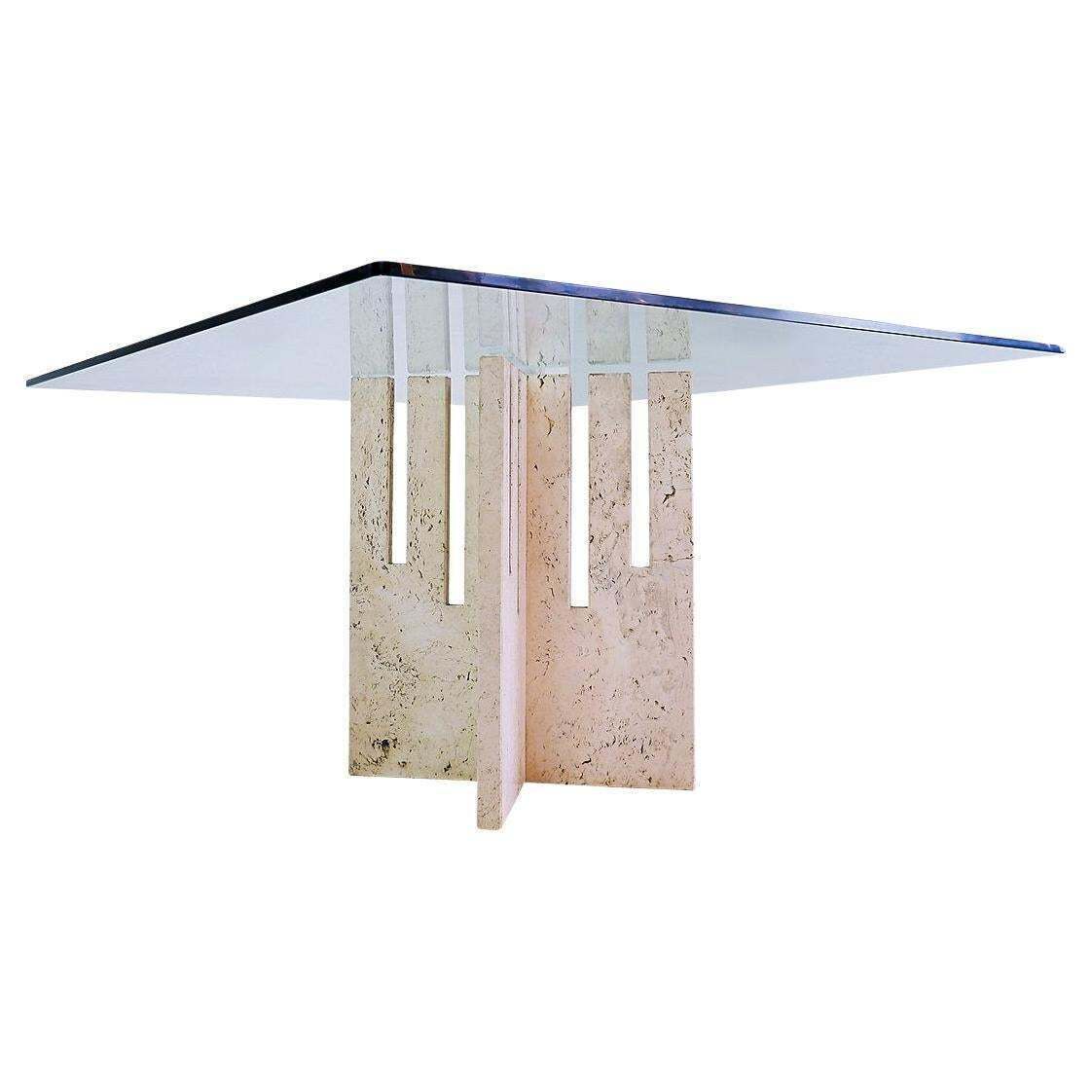 Large Square Dining Table In Travertine And Glass   Italy 1970s