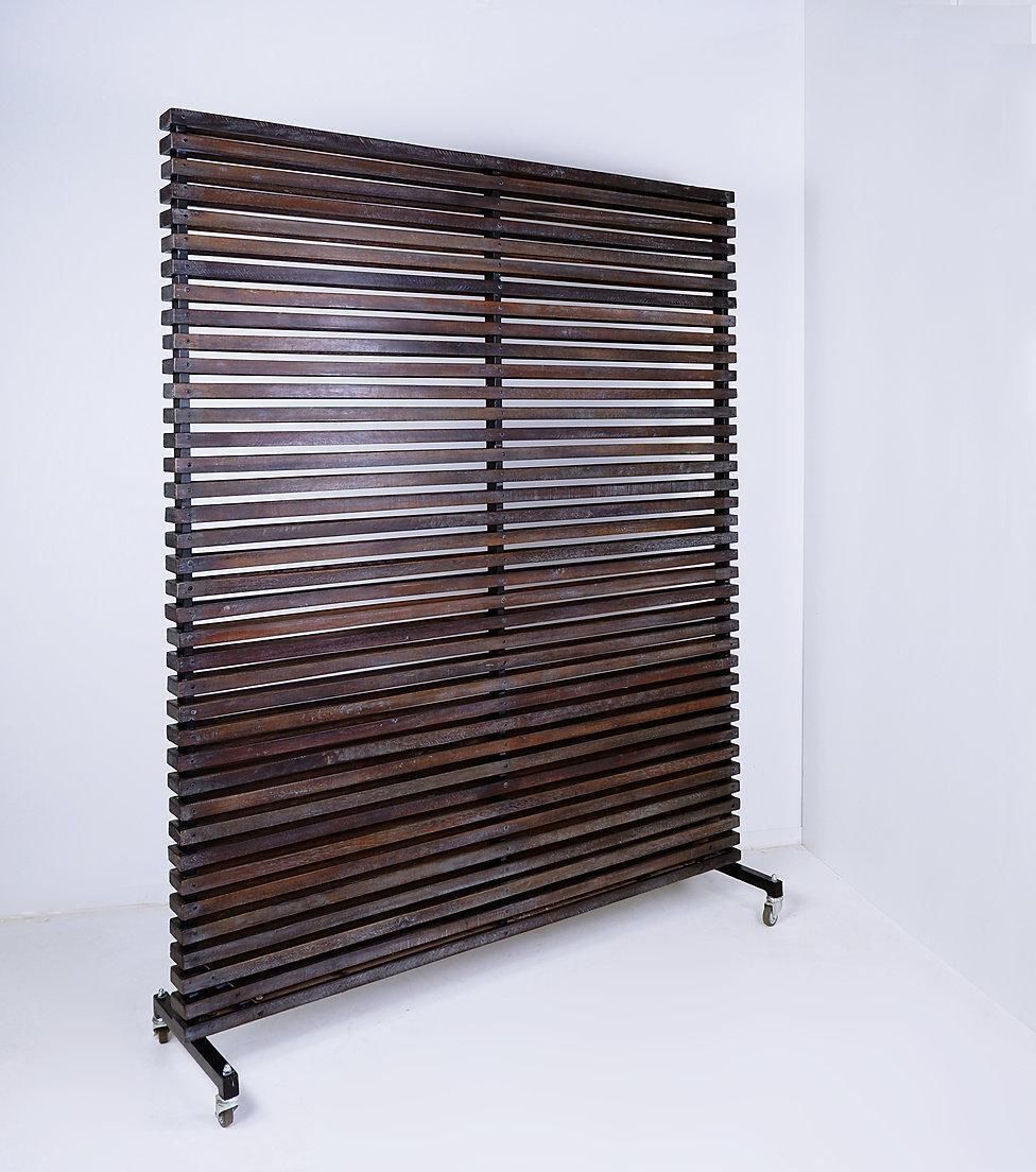 Slatted Wood Panel Room Divider Or Slatted Coat Rack With 10 Mobile Hooks   20th photo for sale