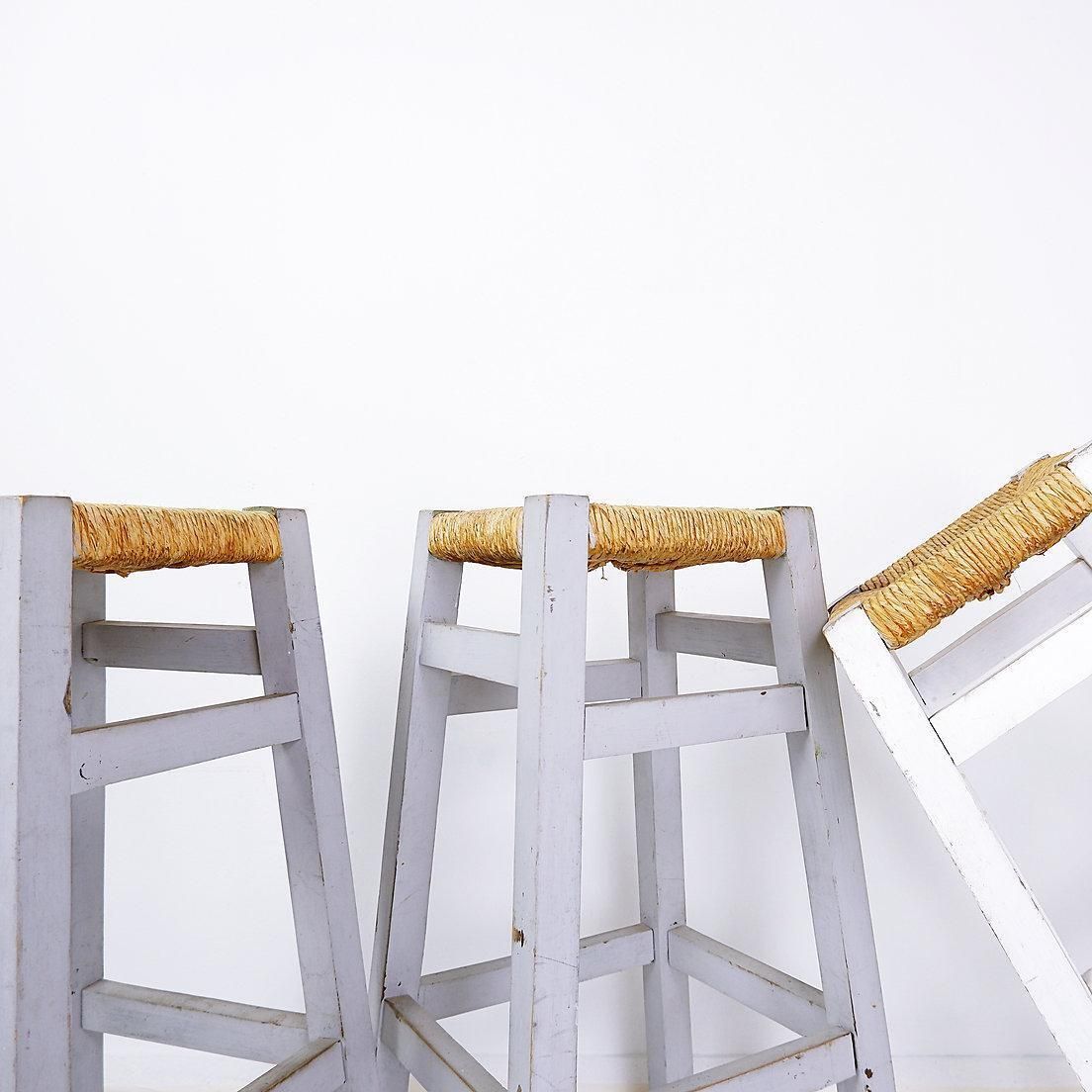 Set Of 3 Vintage Wood Framed Rush Seat Bar Stools, Circa 1960 photo vinterior