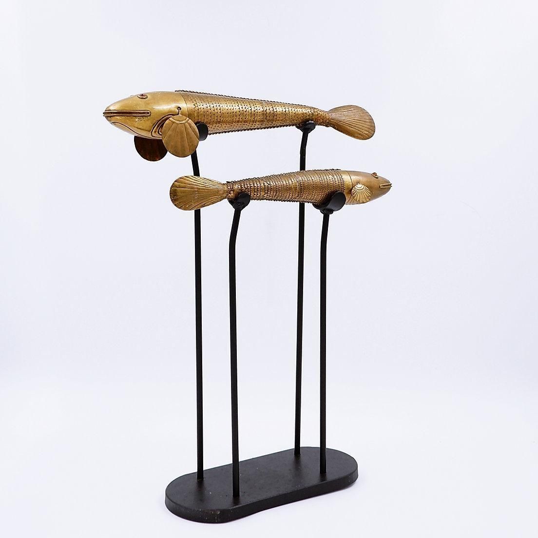 Set Of 2 Articulated Fish Sculptures On Stand   20th photo vintage