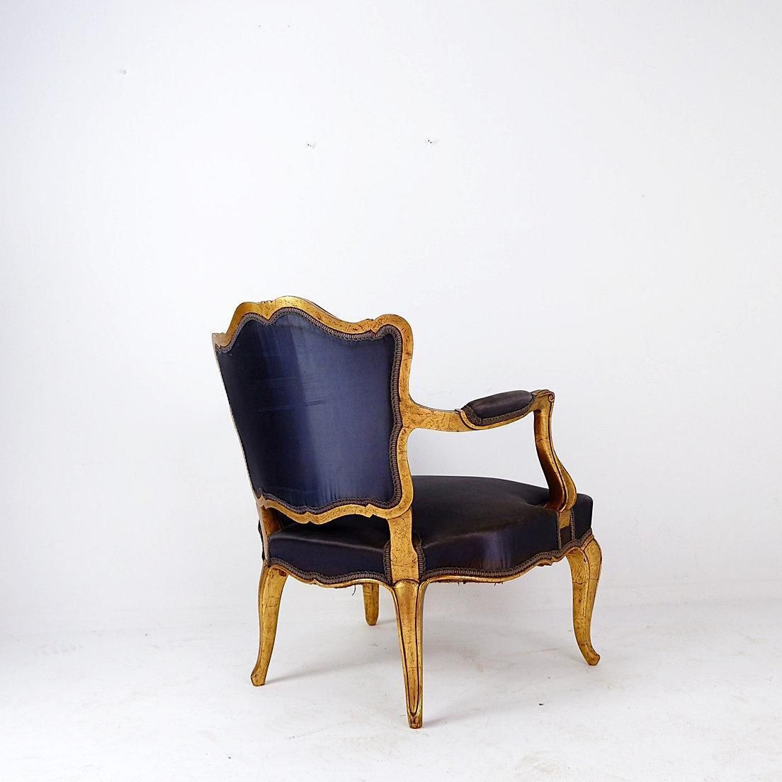 Louis XV Style Armachairs With Original Navy Blue Silk Upholstery   20th photo vintage