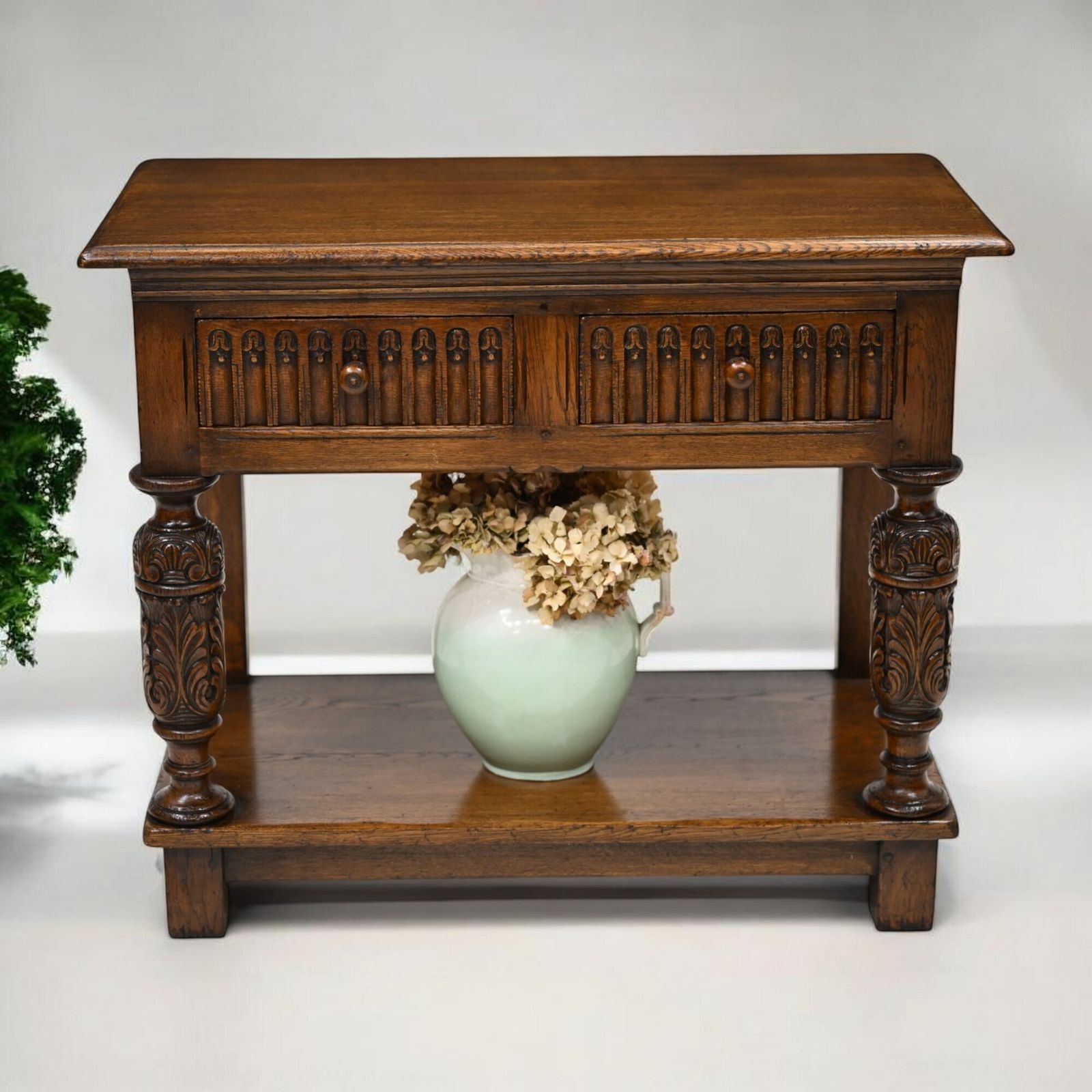 Oak Hall Table 2 Drawers Lower Tier Carved Front Legs Free Uk Delivery