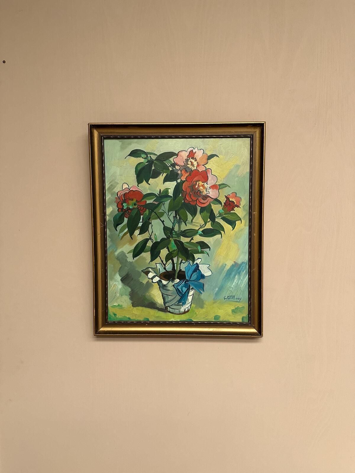 415.0 Original Mid Century Swedish Oil On Panel – "Flower Motif In Pot” By G. Källbom – Vintage & Framed – 50 × 67 Cm (19.7" × 26.4") photo